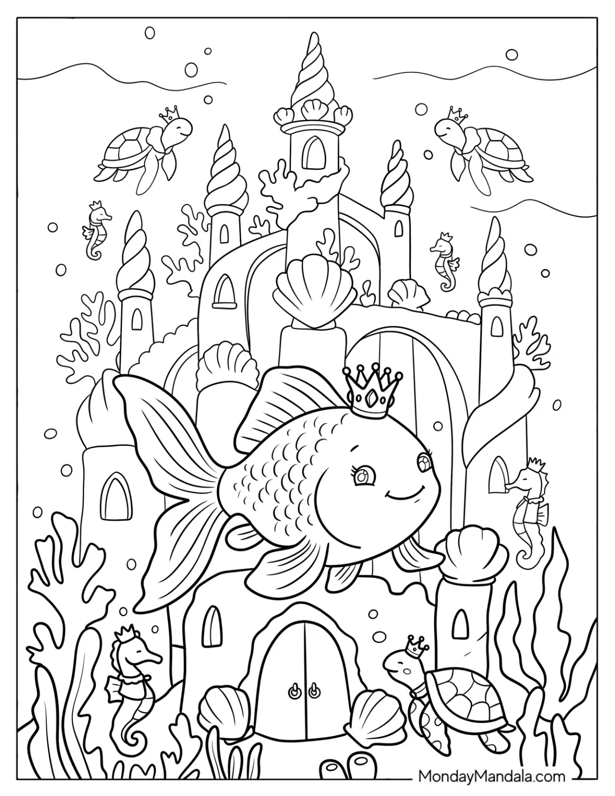 Princess Goldfish Coloring Page in Front of Majestic Castle coloring page