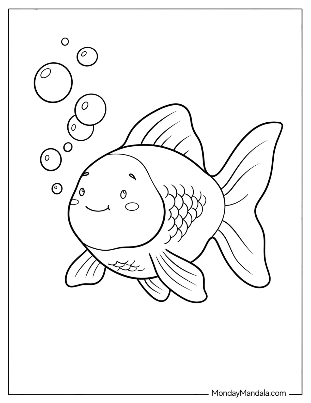 SImple Goldfish Coloring Page Blowing Bubbles Underwater for Kids coloring page