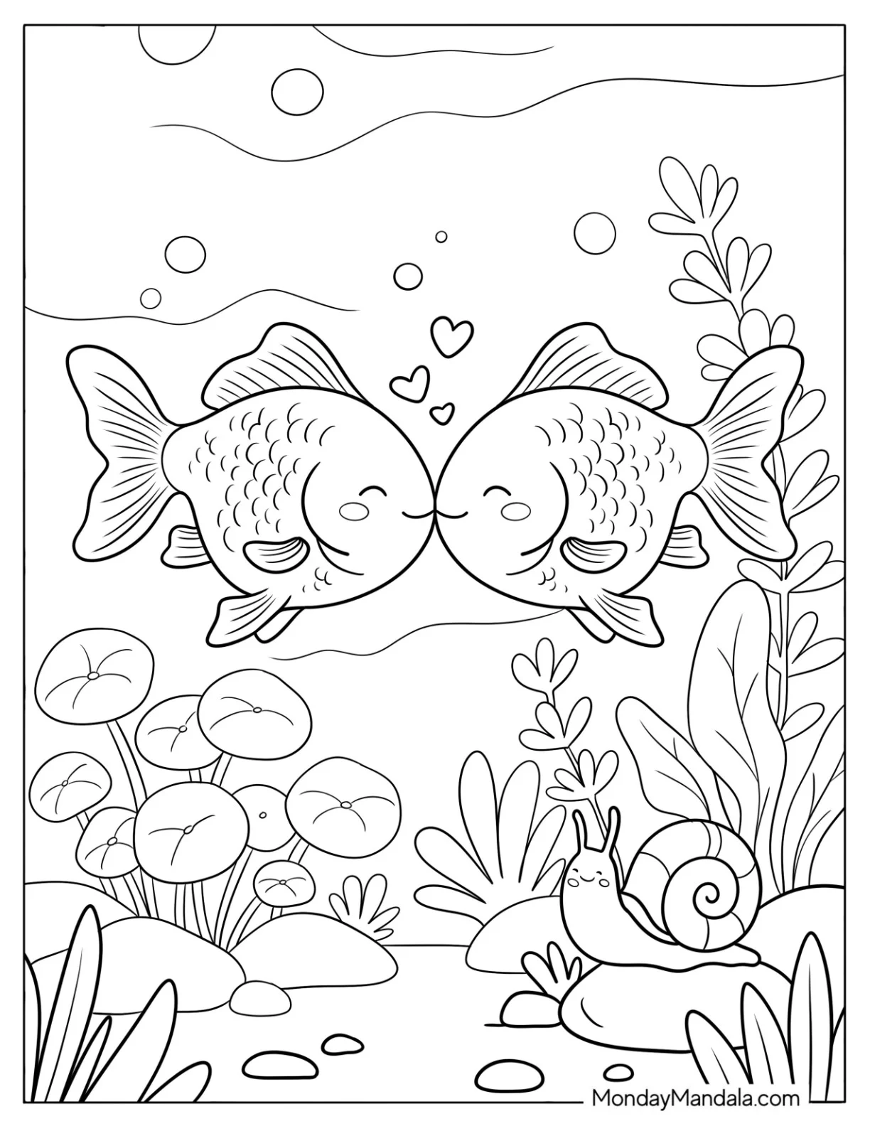 Two Goldfish Coloring Page Kissing with Hearts Underwater for Kids coloring page