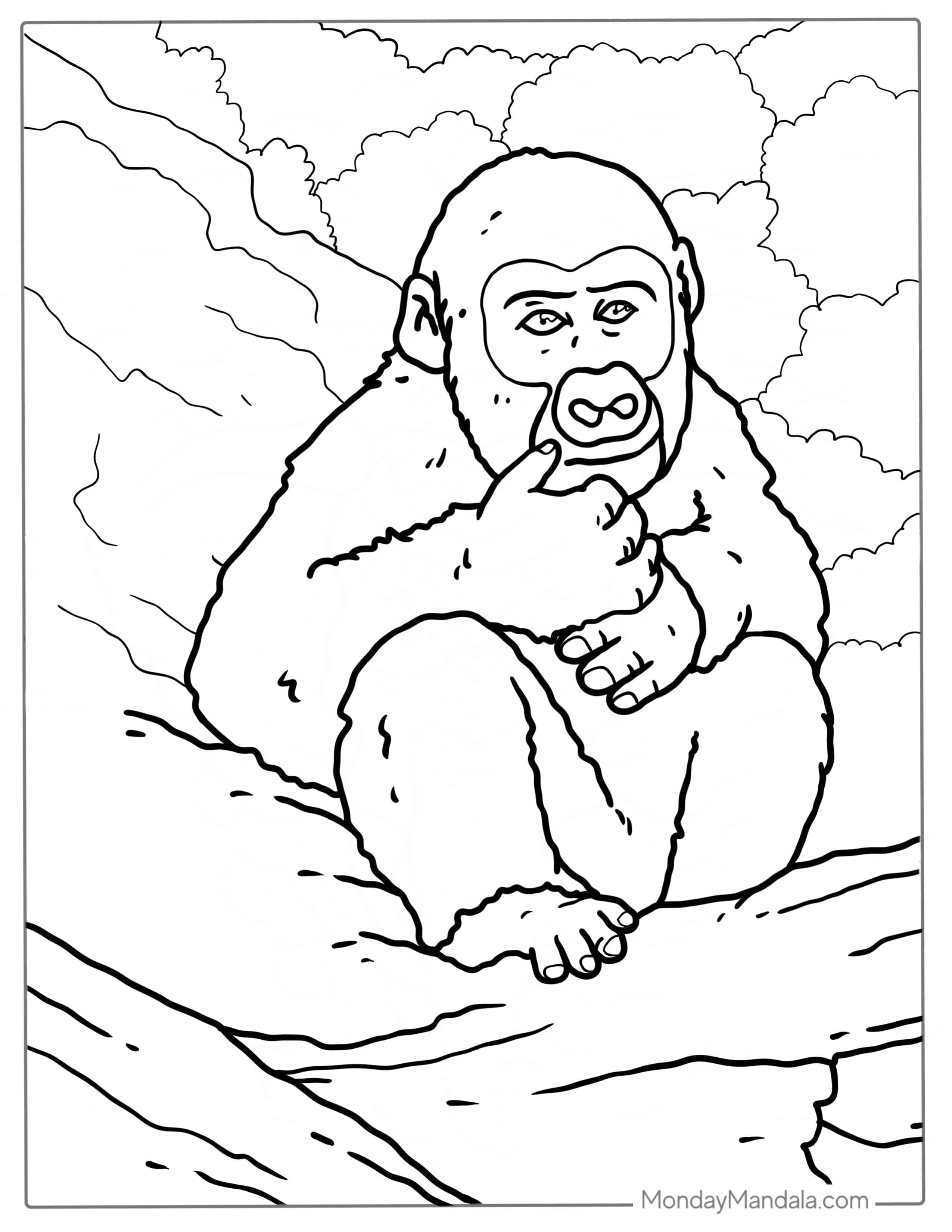 Adorable Baby Gorilla Sitting In a Tree coloring page — printable line art