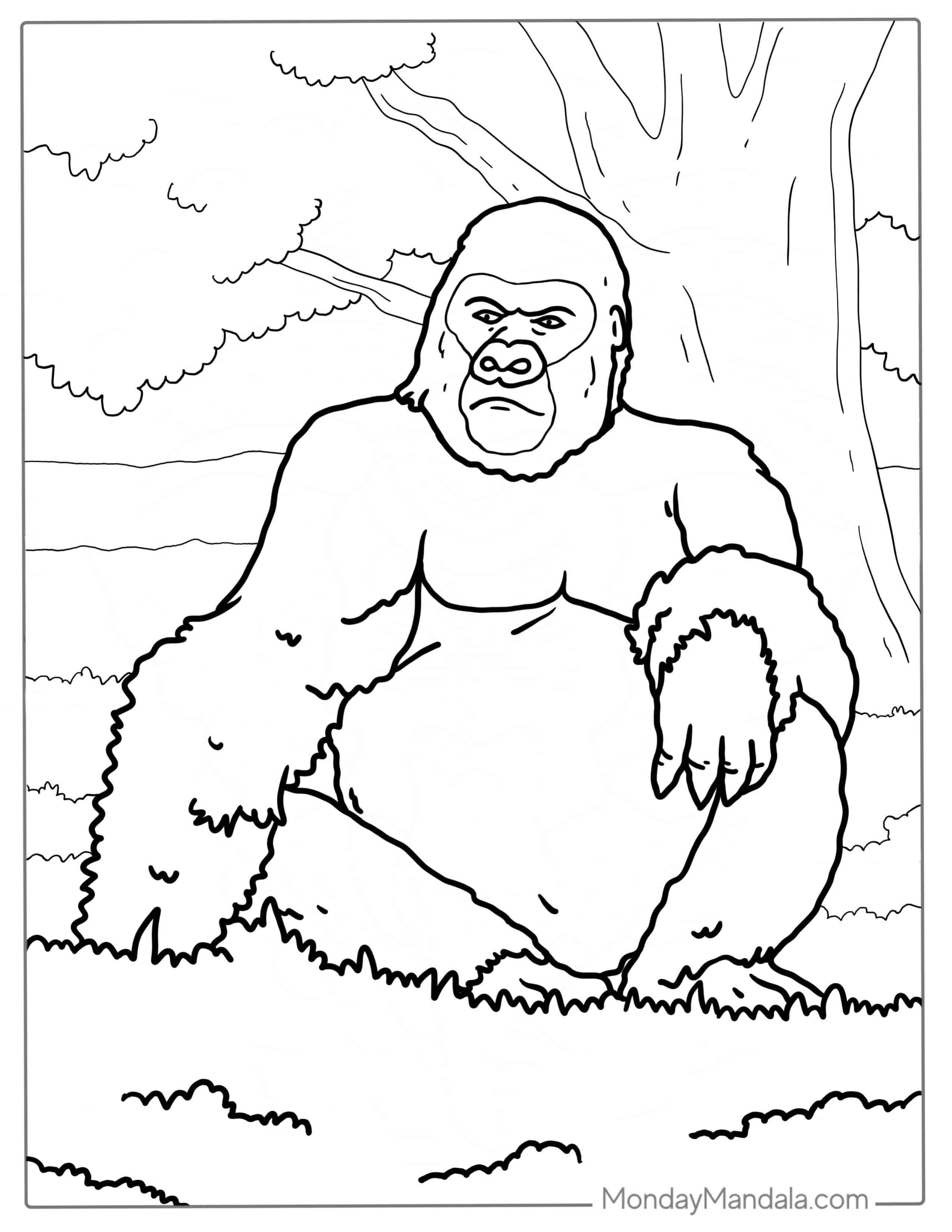 Adult Mountain Gorilla Sitting On Grass coloring page