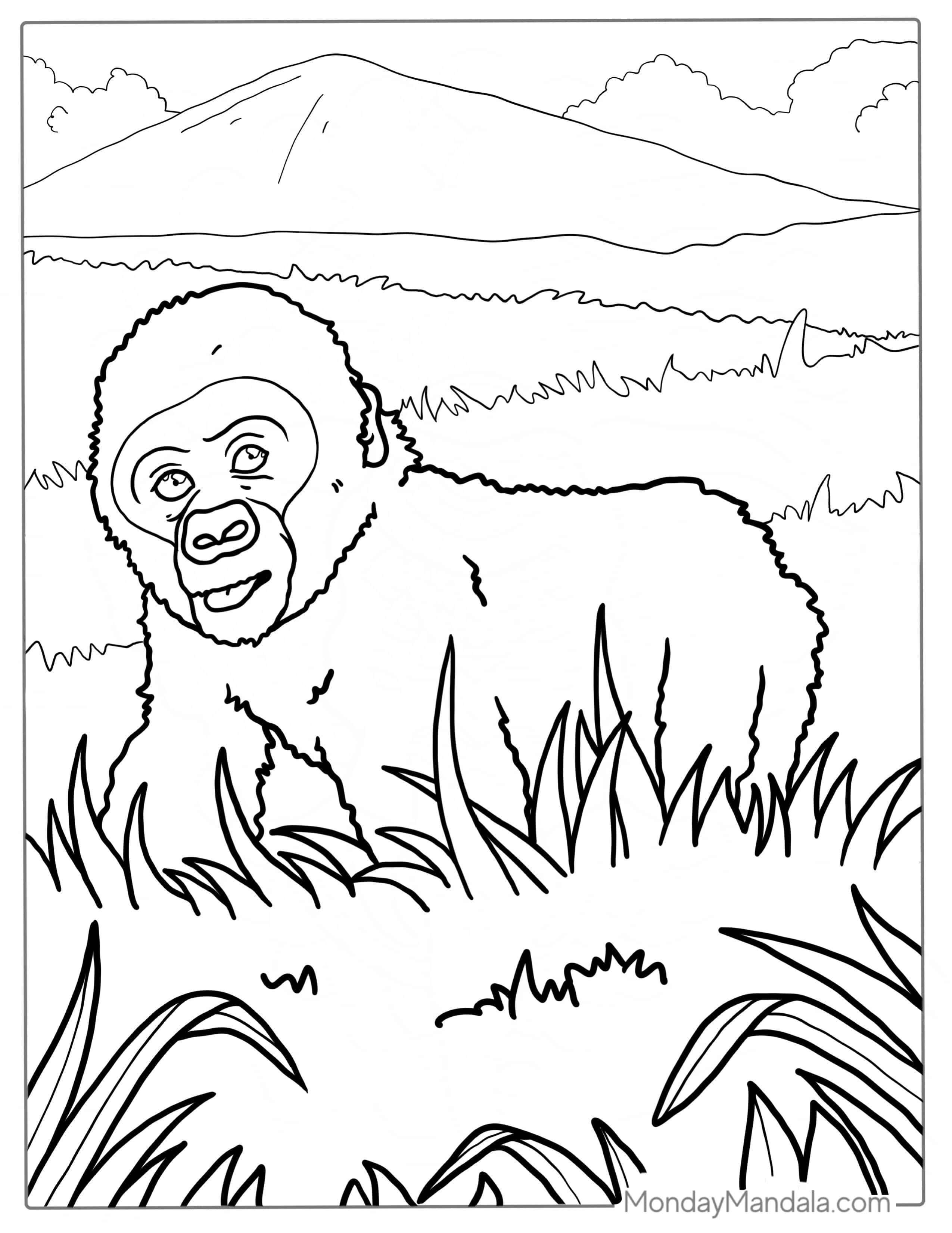 Cute Baby Gorilla Walking In Long Grass coloring page — printable line art