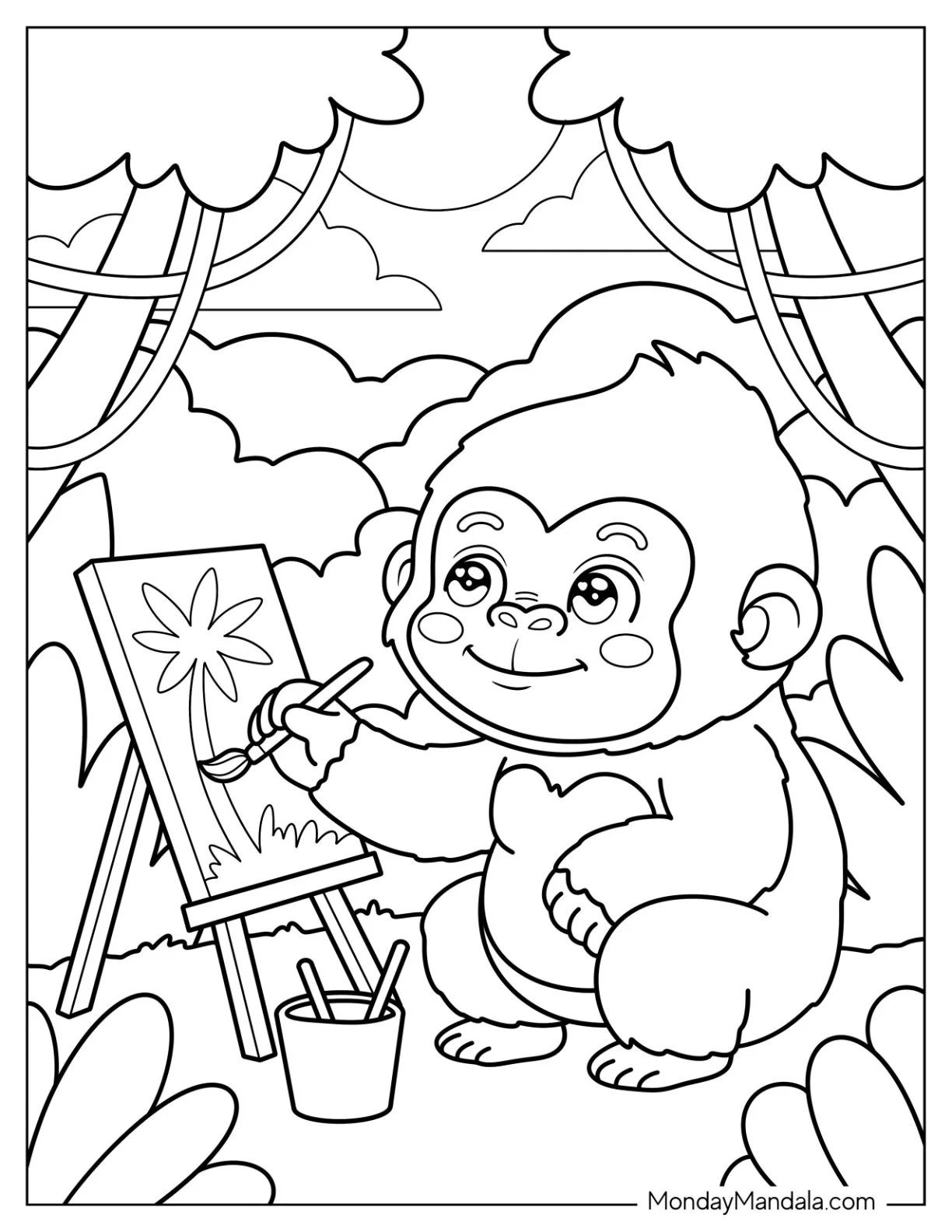 Cute Gorilla Coloring Page Painting a Flower on an Easel in the Jungle for Kids coloring page — printable line art