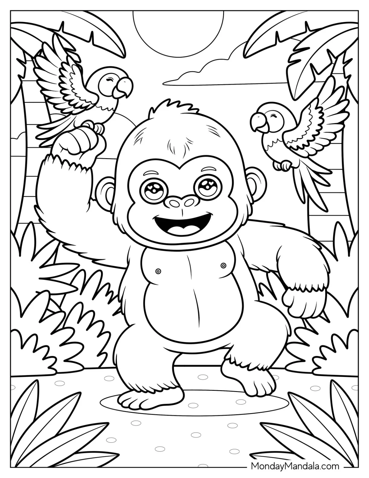 Energetic Baby Gorilla Coloring Page Playing with Parrots in the Jungle coloring page