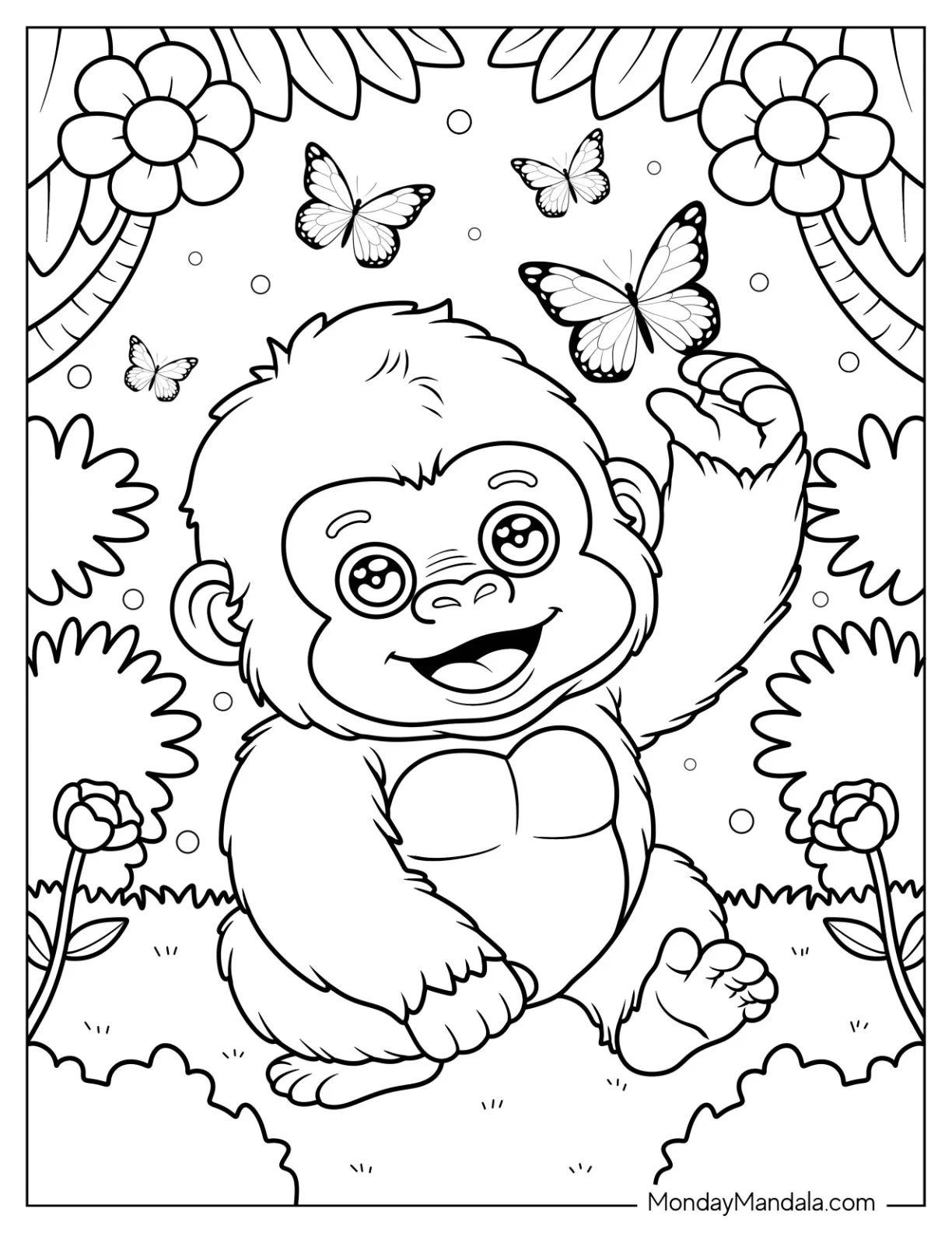Furry Baby Gorilla Coloring Page Reaching for Butterflies in the Garden coloring page