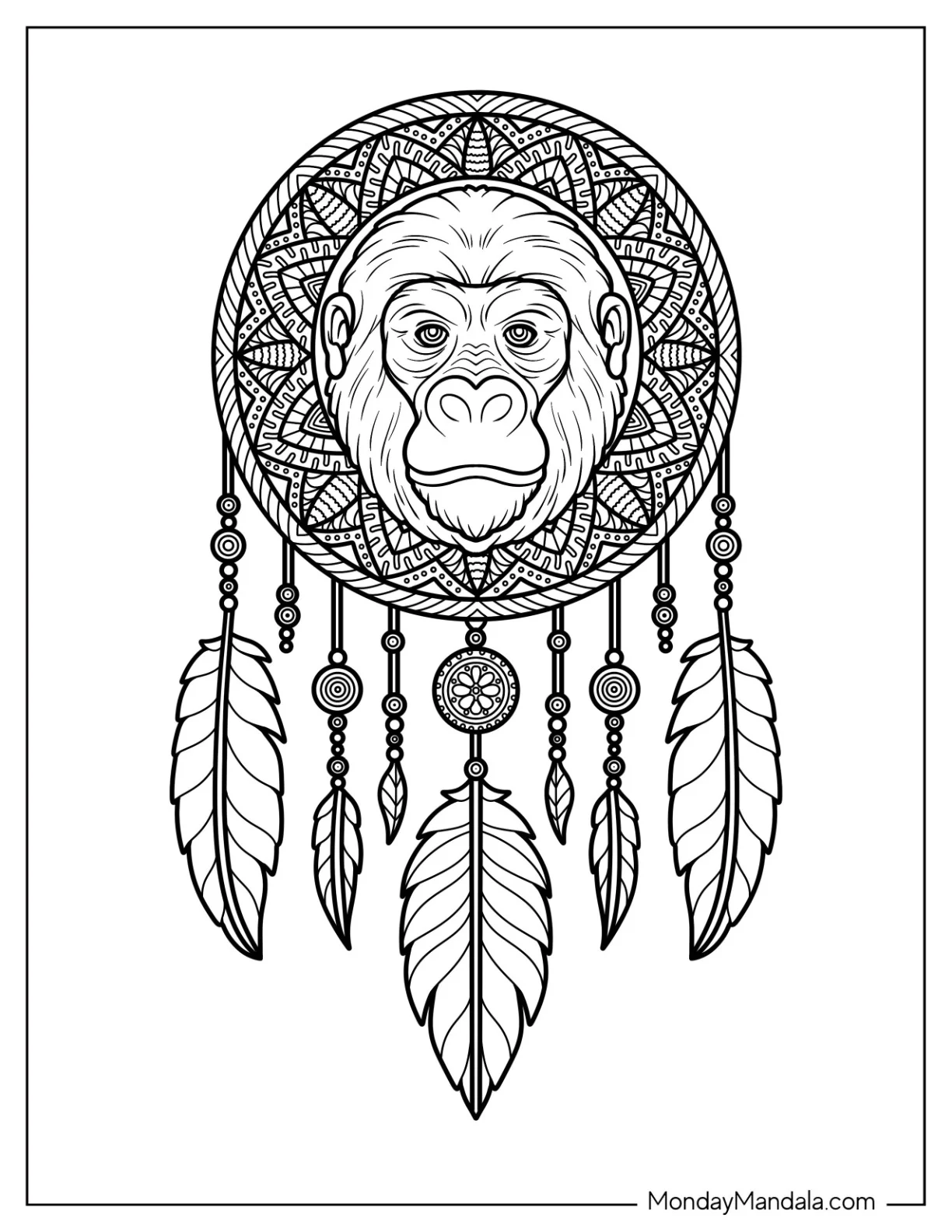 Gorilla Coloring Page Face Inside a Detailed Dreamcatcher coloring page