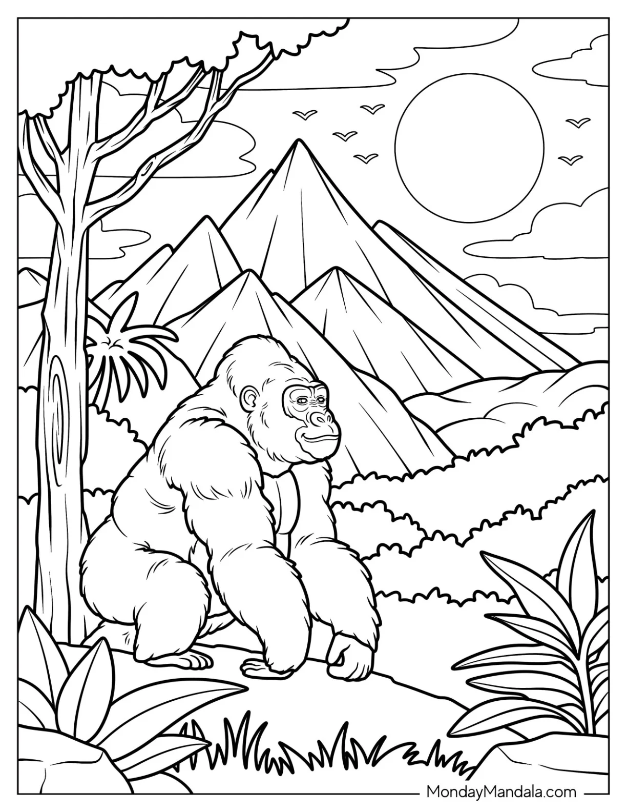 Gorilla Coloring Page Sitting Peacefully in a Mountain Jungle View coloring page