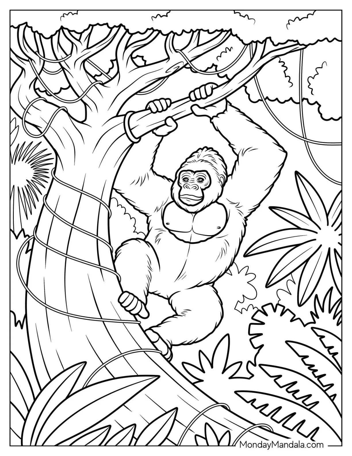 Gorilla Coloring Page Swinging on a Tree in the Jungle coloring page