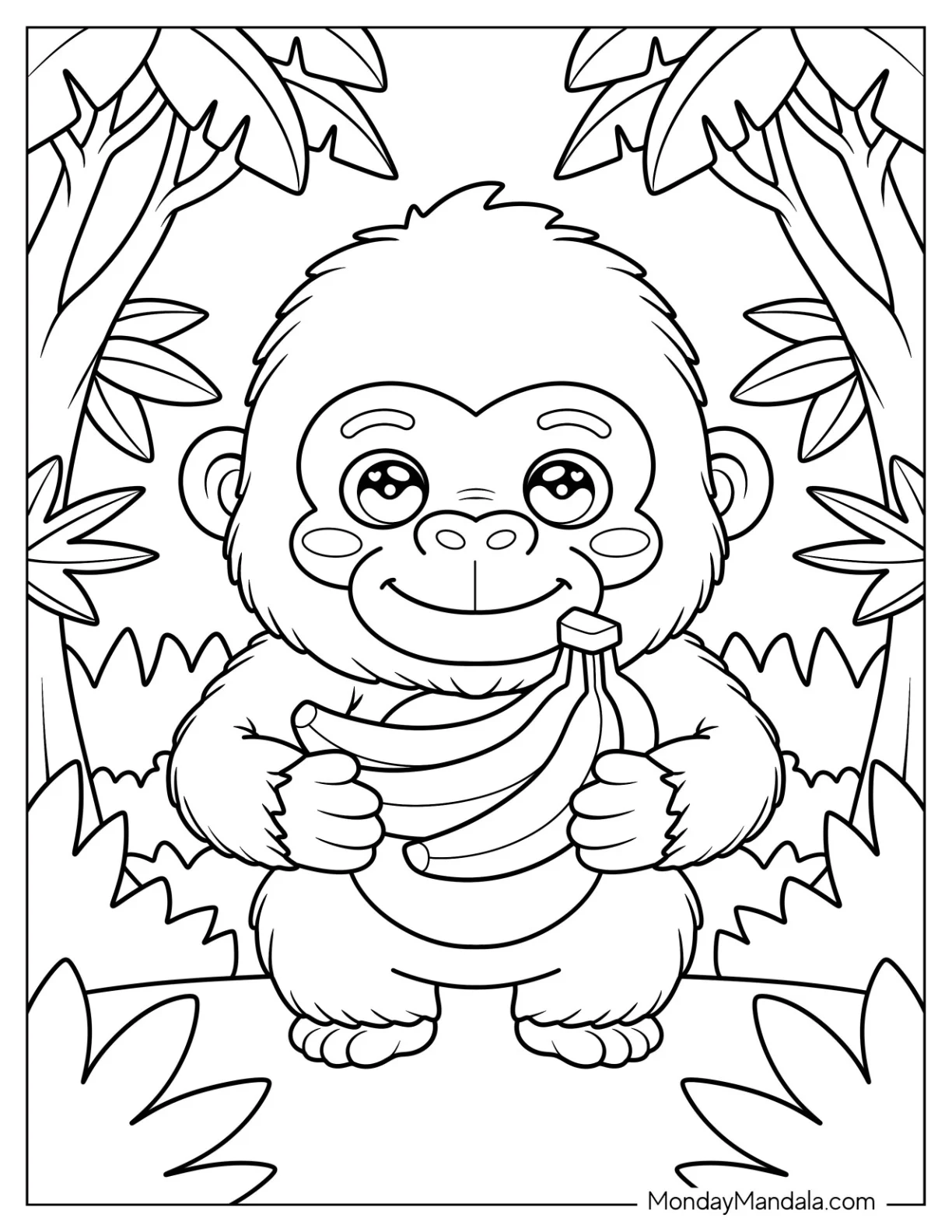 Happy Baby Gorilla Coloring Page Holding a Bunch of Bananas for Preschoolers coloring page