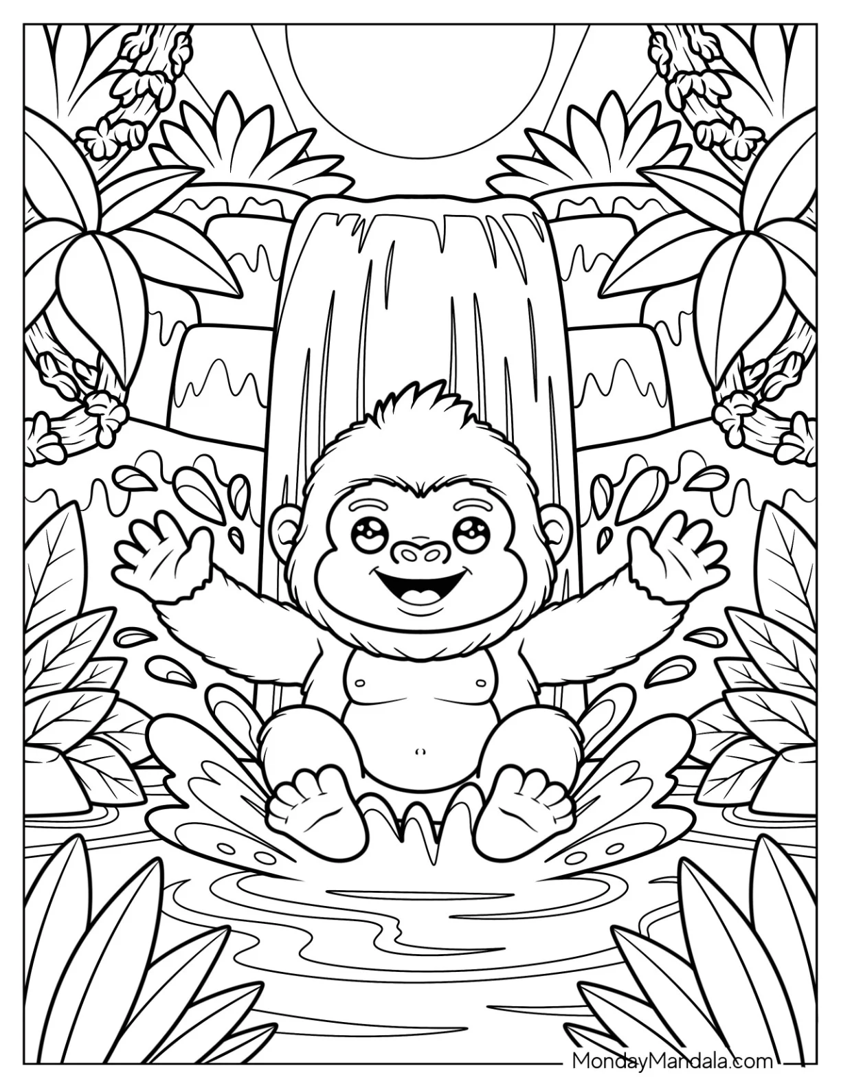 Happy Baby Gorilla Coloring Page Playing in a Jungle Waterfall coloring page