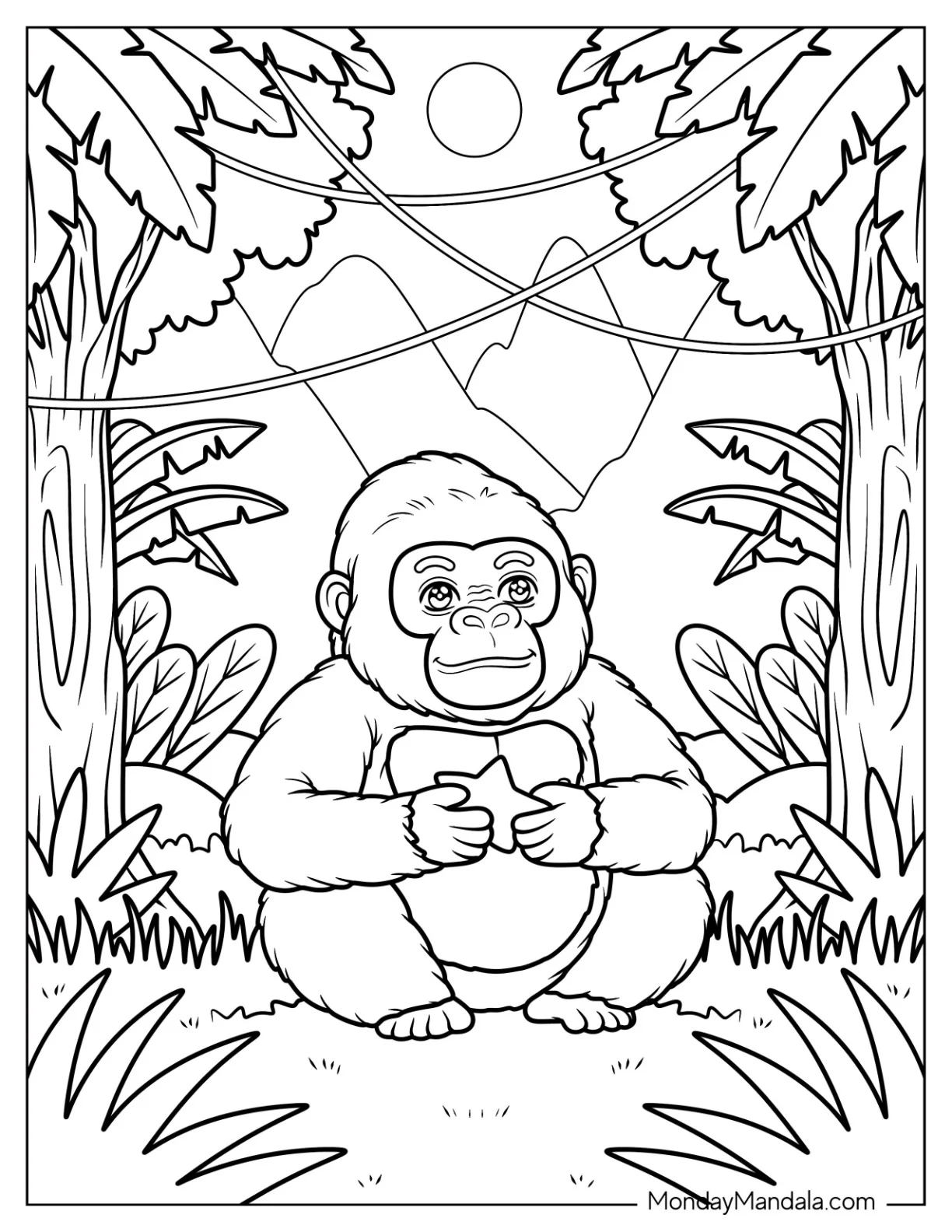 Little Gorilla Coloring Page Holding a Snack Under Tropical Trees for Kids coloring page