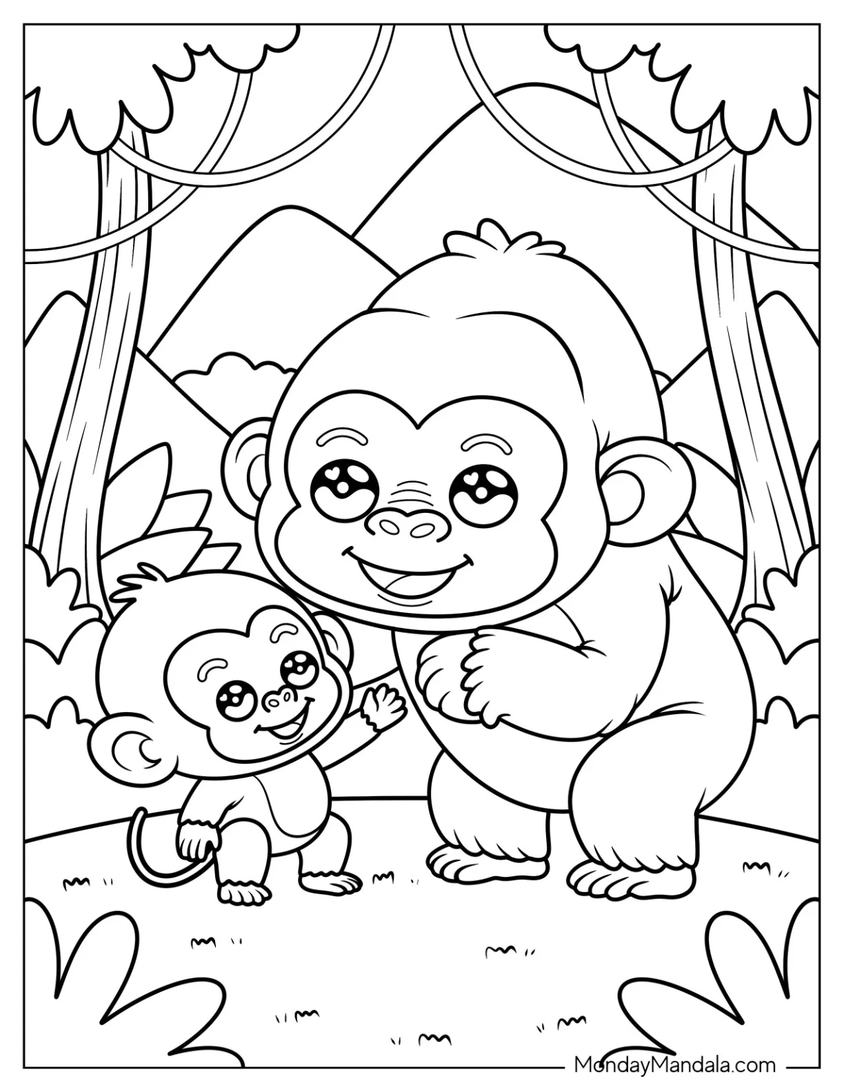 Mama Gorilla Coloring Page Playing with Her Baby in the Forest coloring page