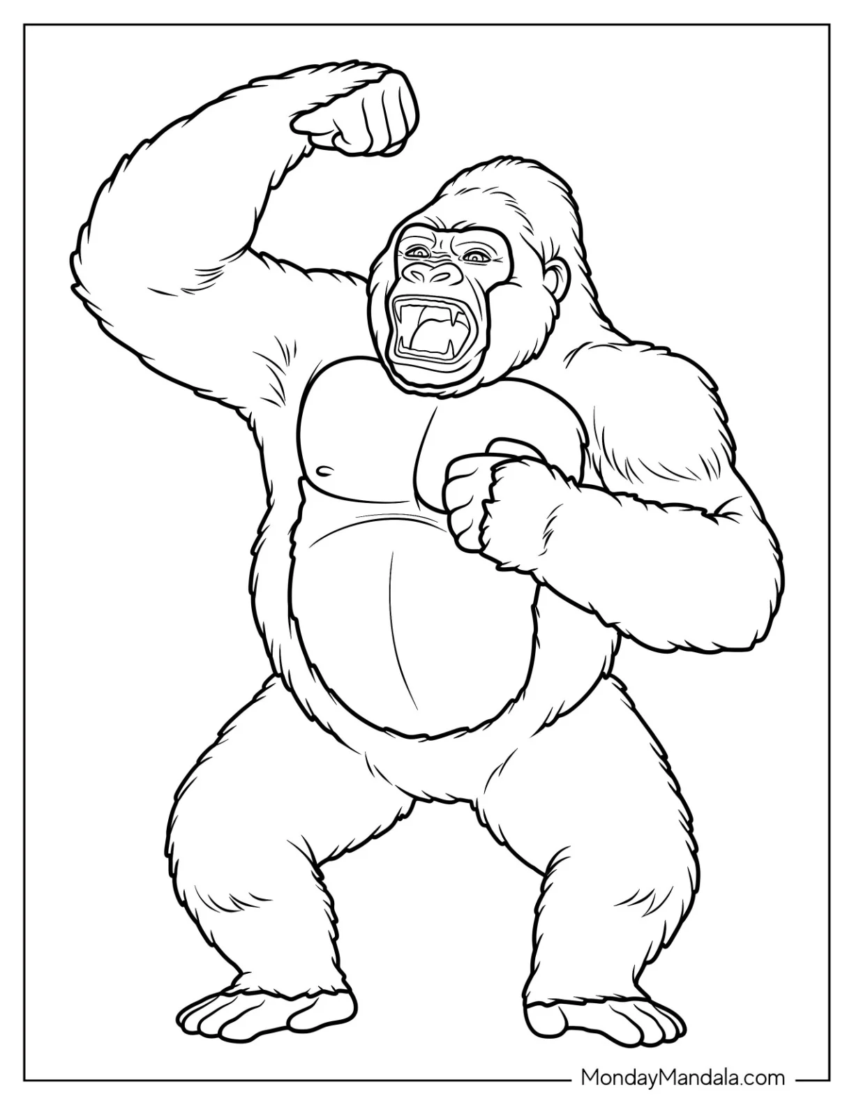 Mighty Gorilla Coloring Page Roaring with Fists Raised for Kids coloring page