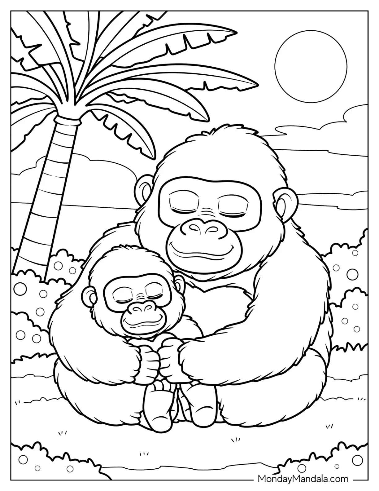 Mommy Gorilla Coloring Page Cuddling Baby Gorilla at Sunset for Kids coloring page