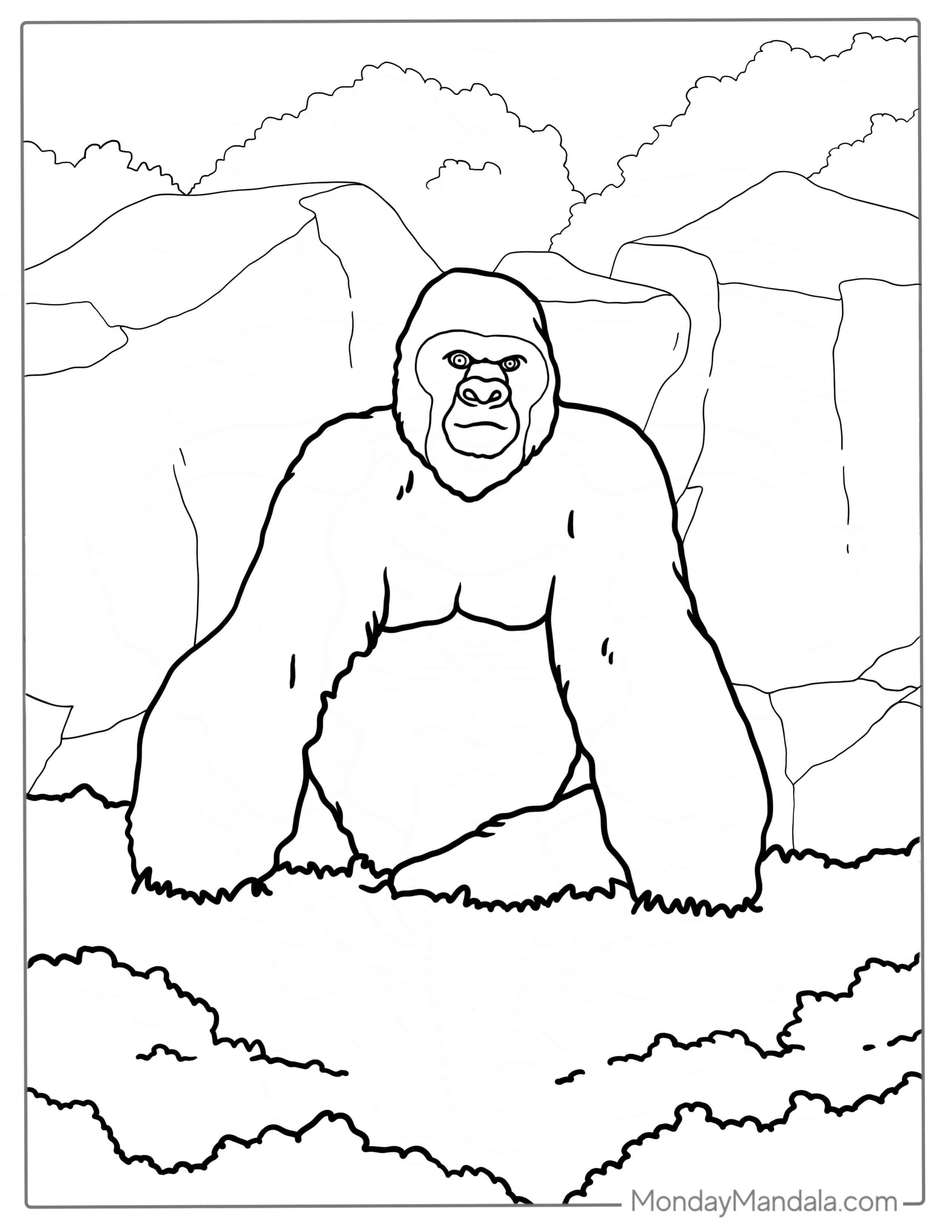 Mountain Gorilla Sitting On The Forest Floor To Color coloring page — printable line art