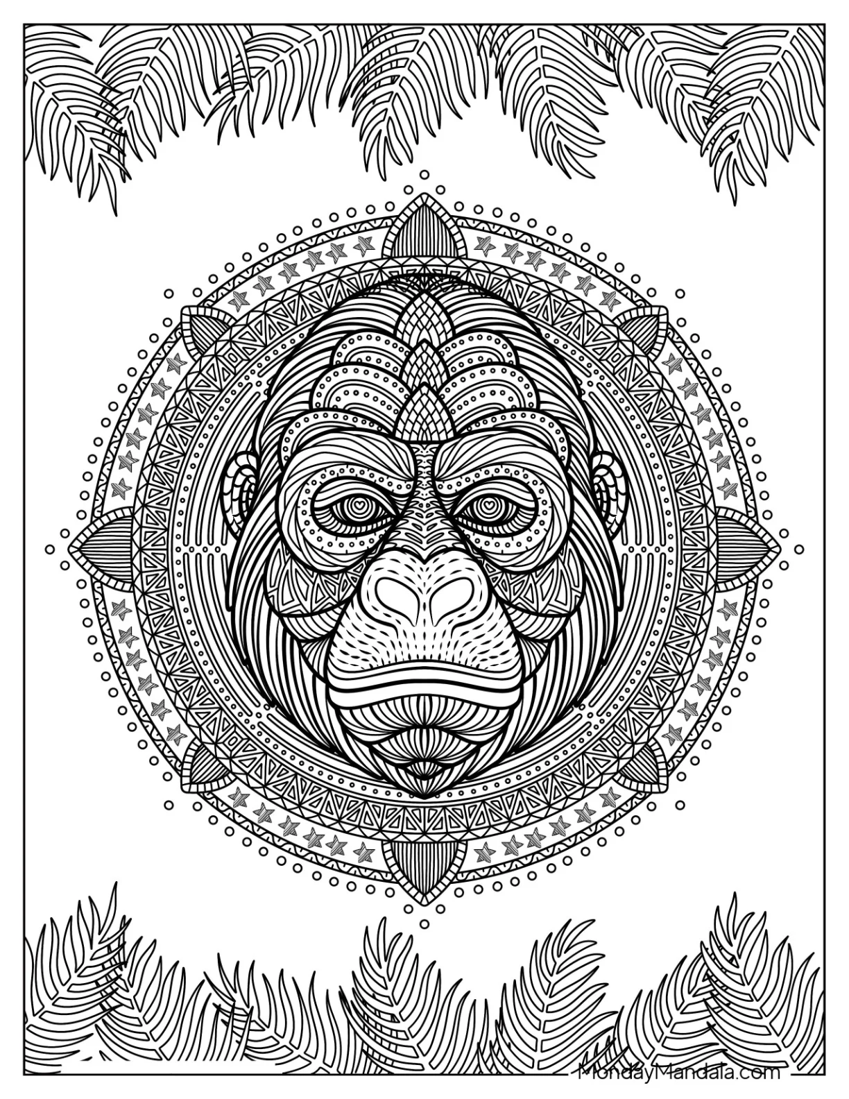 Realistic Gorilla Coloring Page Mandala with Leaves and Stars coloring page
