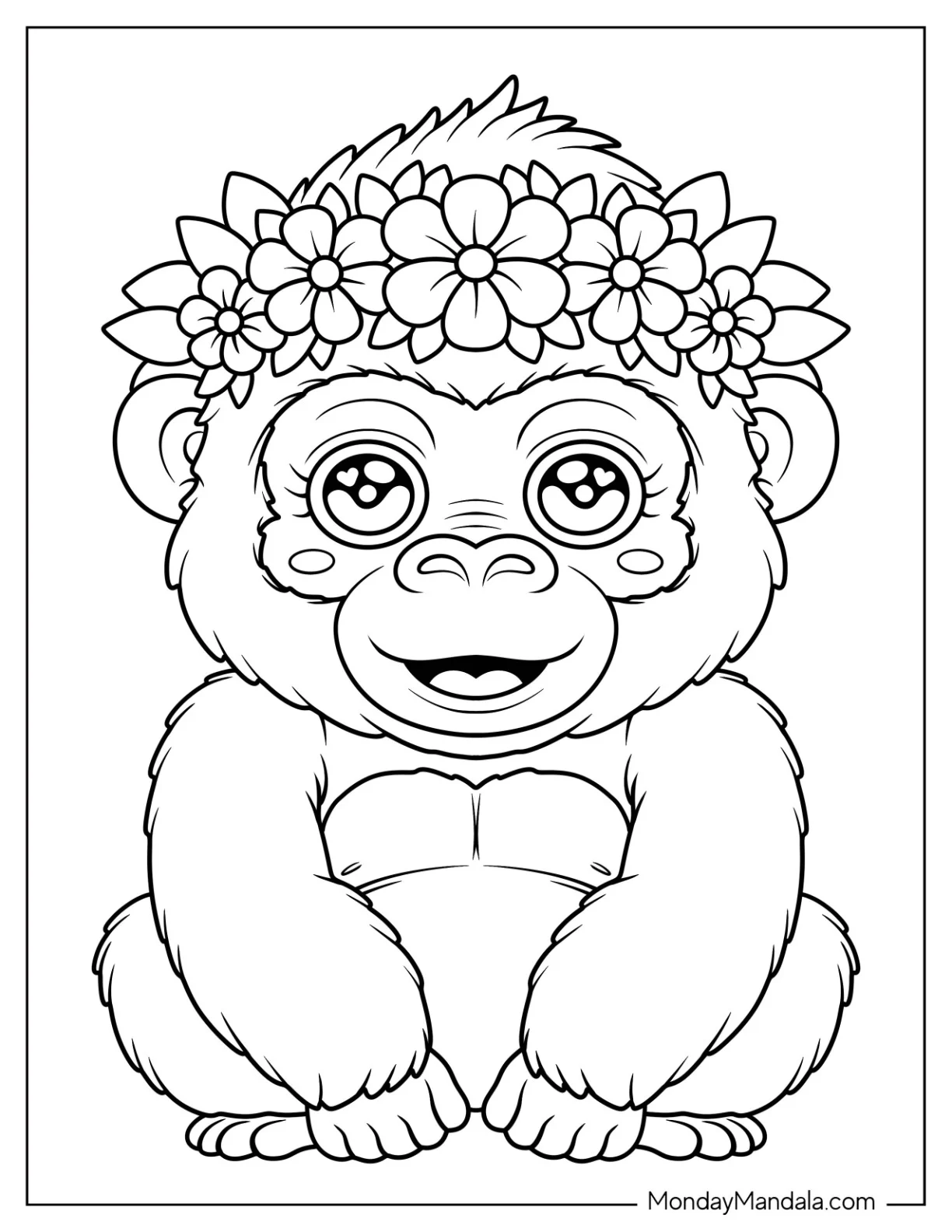 Smiling Gorilla Coloring Page with Floral Headband for Preschoolers coloring page — printable line art