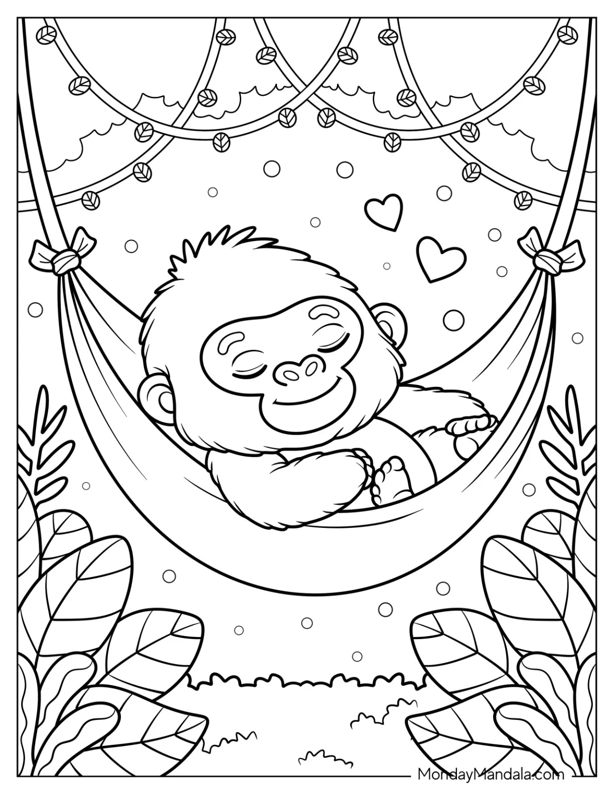 Sweet Baby Gorilla Coloring Page Sleeping in a Hammock with Hearts coloring page — printable line art