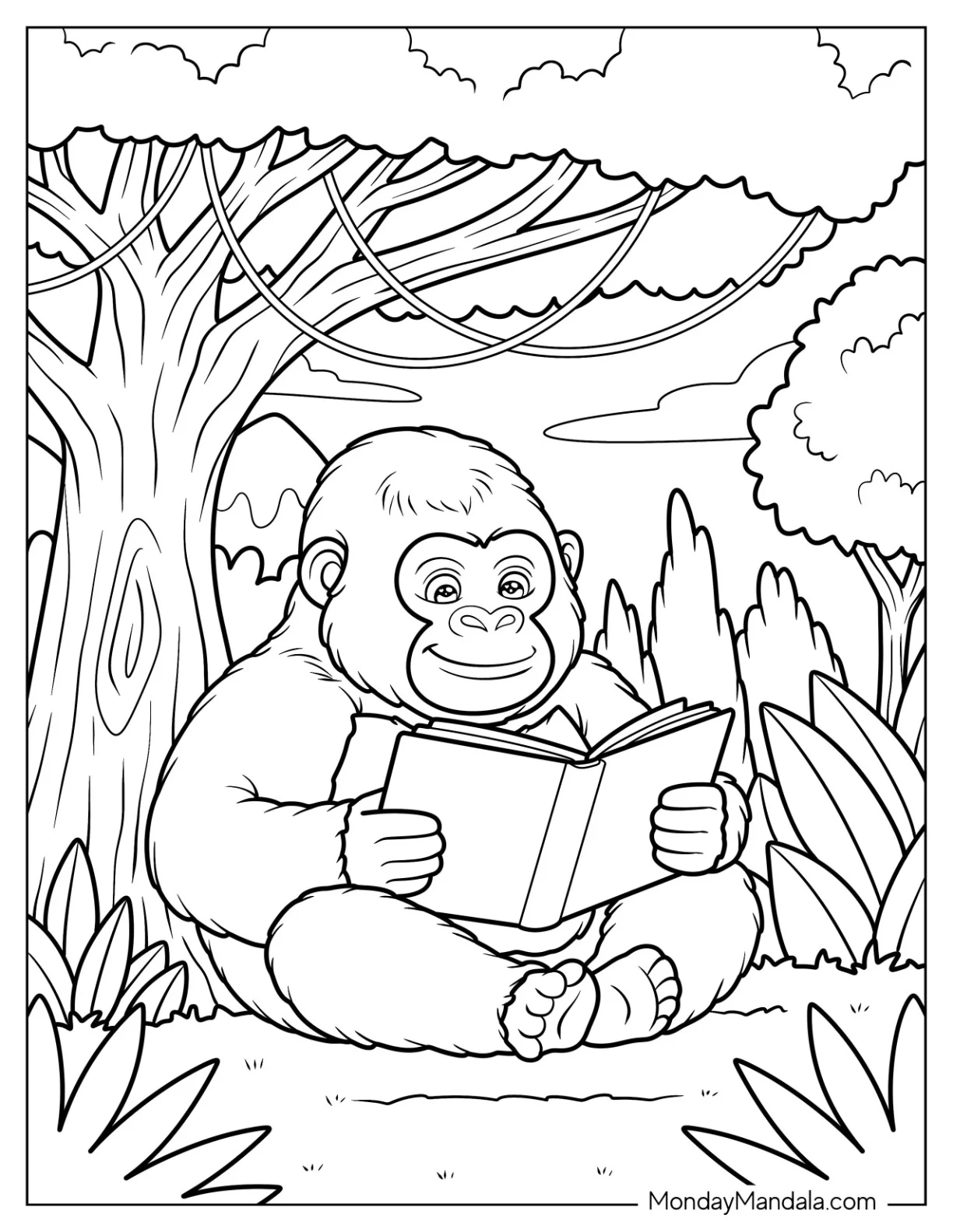 Young Gorilla Coloring Page Sitting Under a Tree with a Good Book coloring page — printable line art