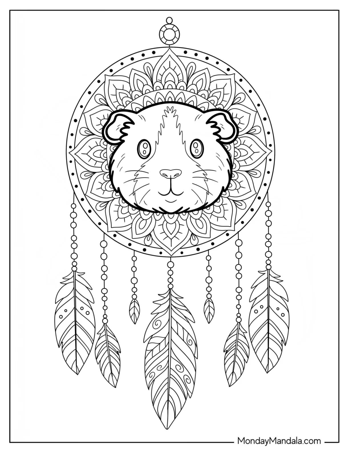 Adorable Guinea Pig Coloring Page in a Decorative Boho Dreamcatcher with Feathers coloring page