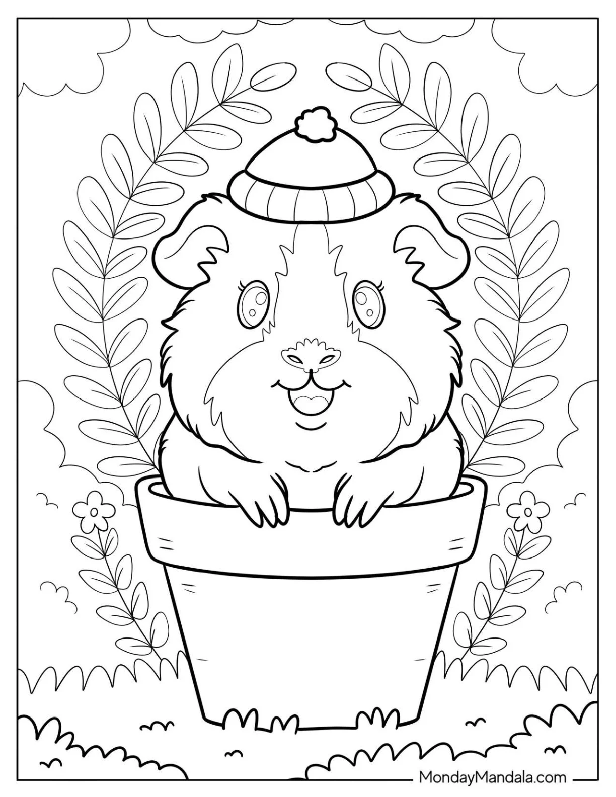 Cozy Guinea Pig Coloring Page in a Pot with Wreath and Clouds coloring page