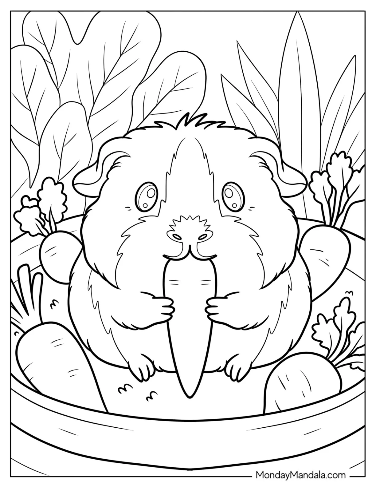 Cute Guinea Pig Coloring Page Eating a Carrot in a Garden Bowl coloring page