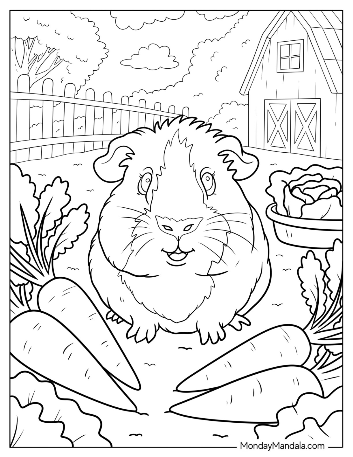 Farmyard Guinea Pig Coloring Page Surrounded by Fresh Carrots for Kids coloring page
