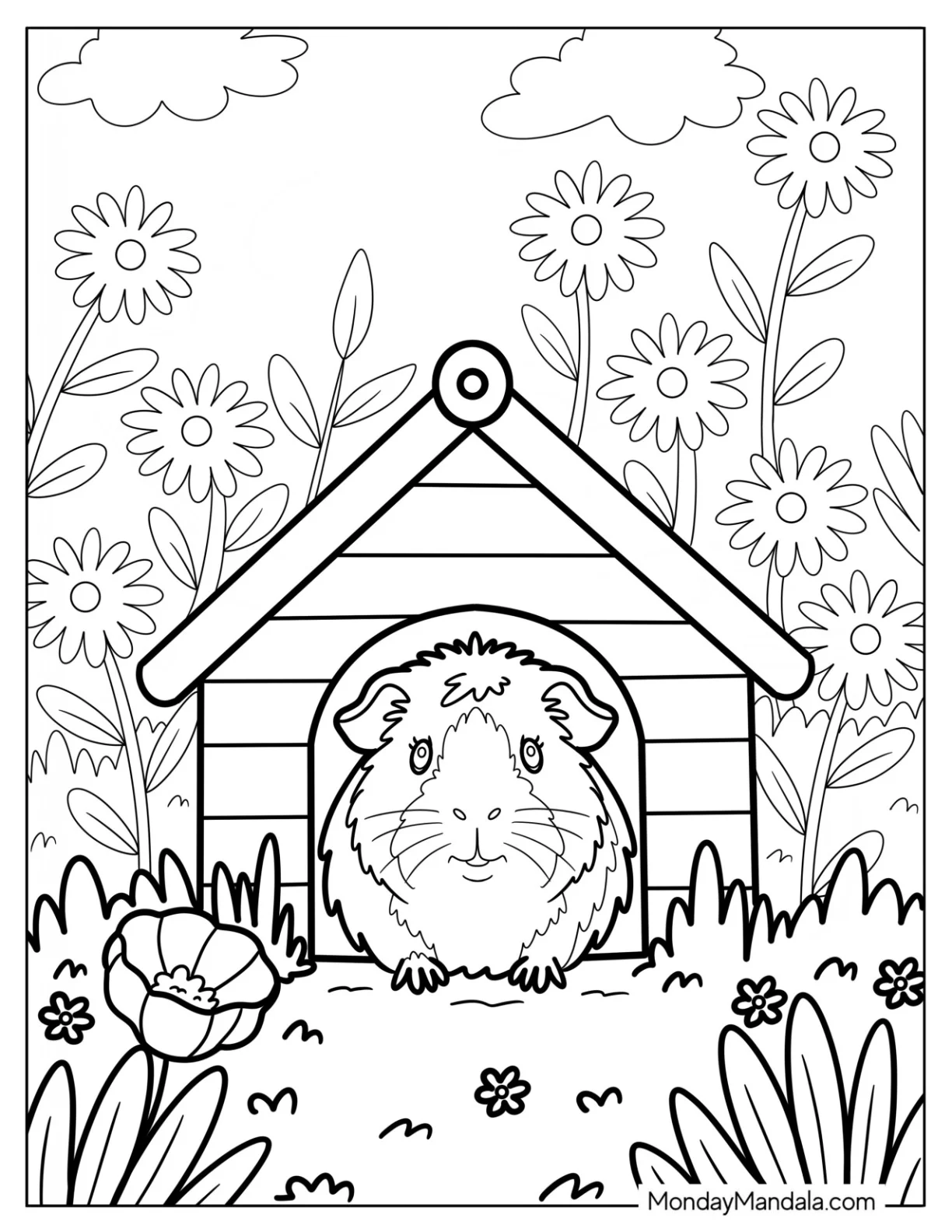 Fluffy Guinea Pig Coloring Page in a Wooden House with Blossoms coloring page