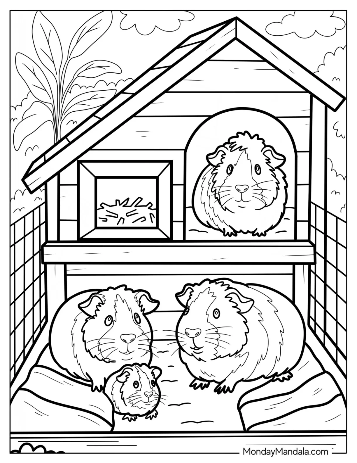Guinea Pig Coloring Page Family Relaxing Inside a Wooden Hutch with Bedding and Nesting Hay coloring page