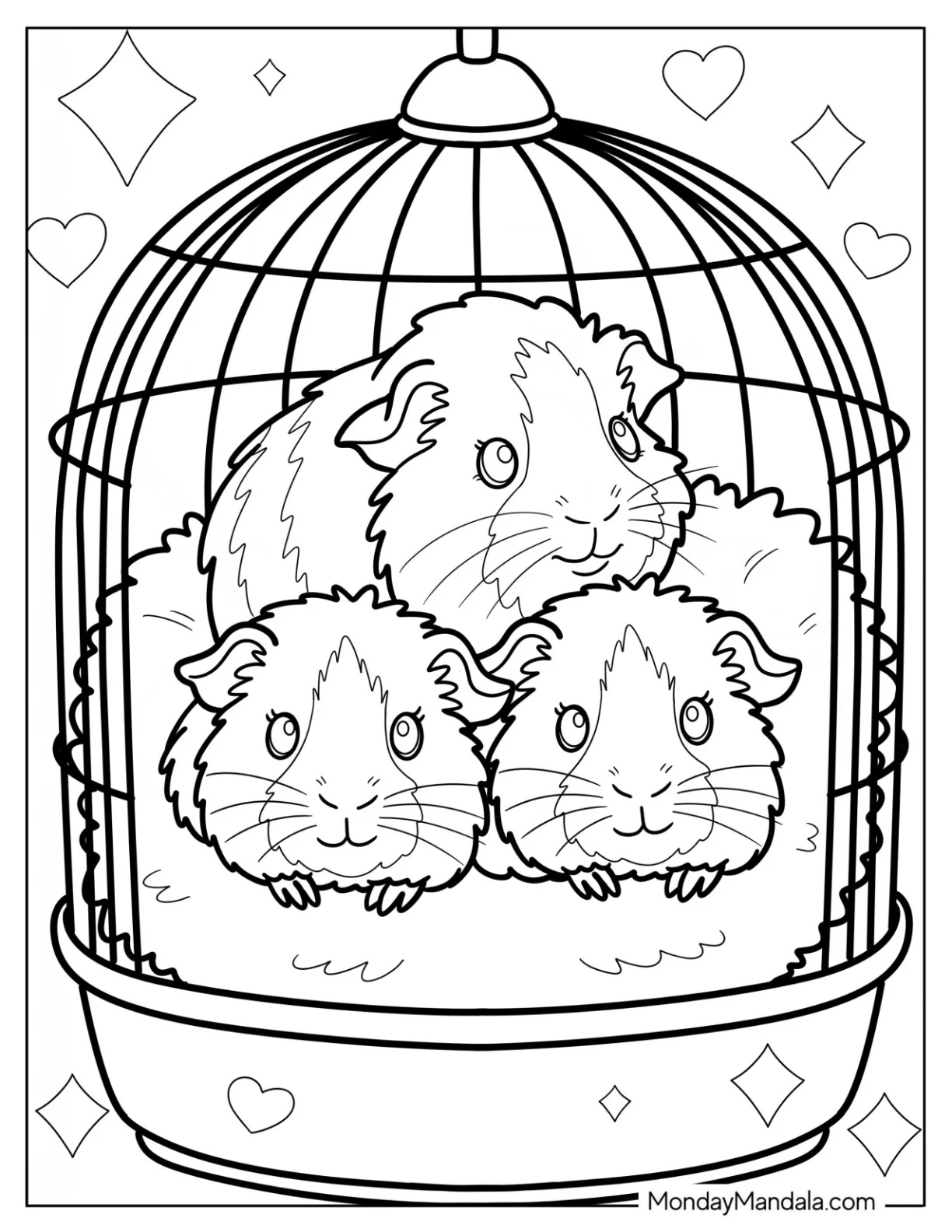 Guinea Pig Coloring Page Family Snuggling in a Cage for Kids coloring page