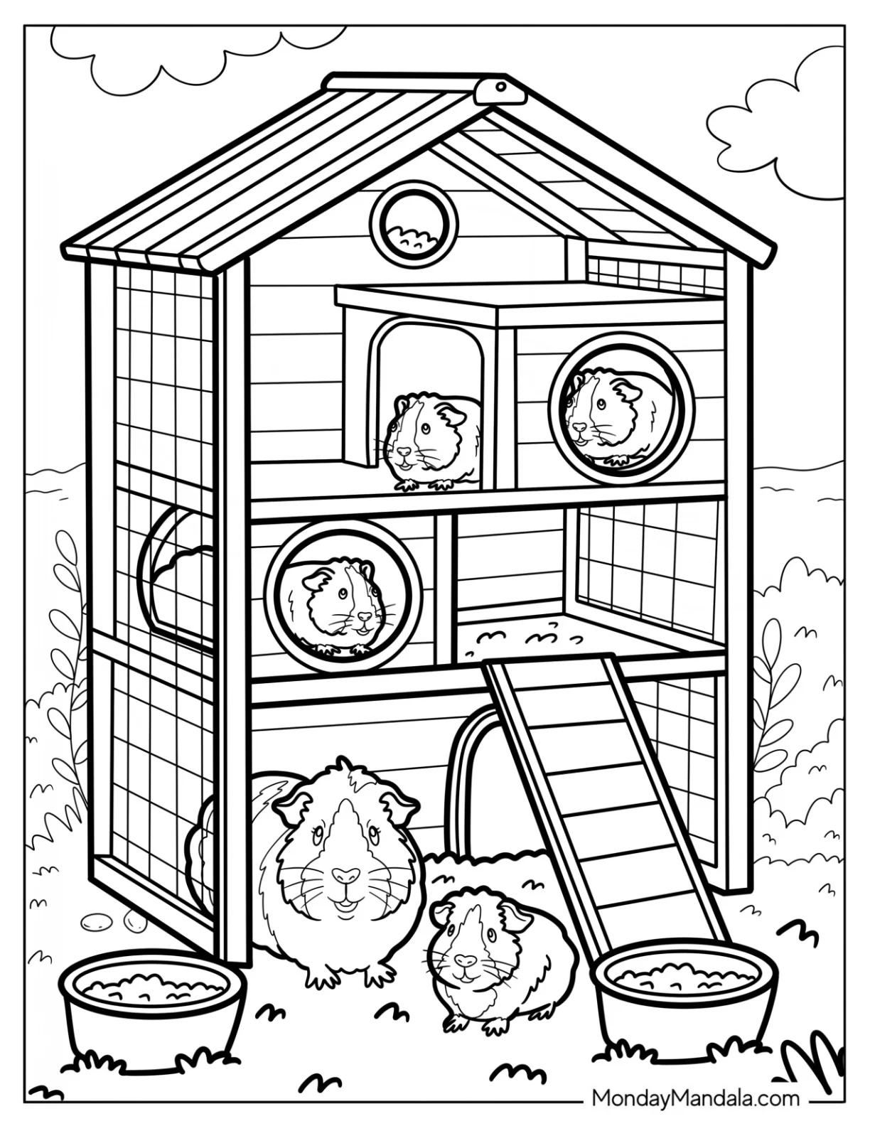 Guinea Pig Coloring Page Playing in a Multi Level Hutch coloring page