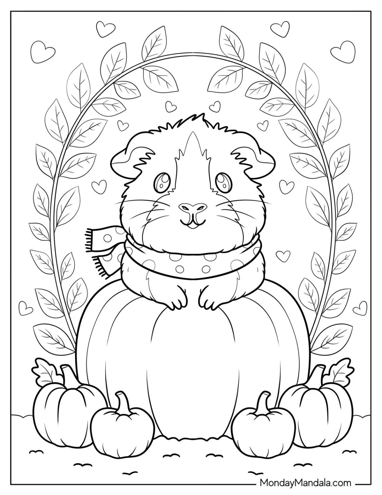 Guinea Pig Coloring Page Sitting on a Pumpkin with Scarf coloring page