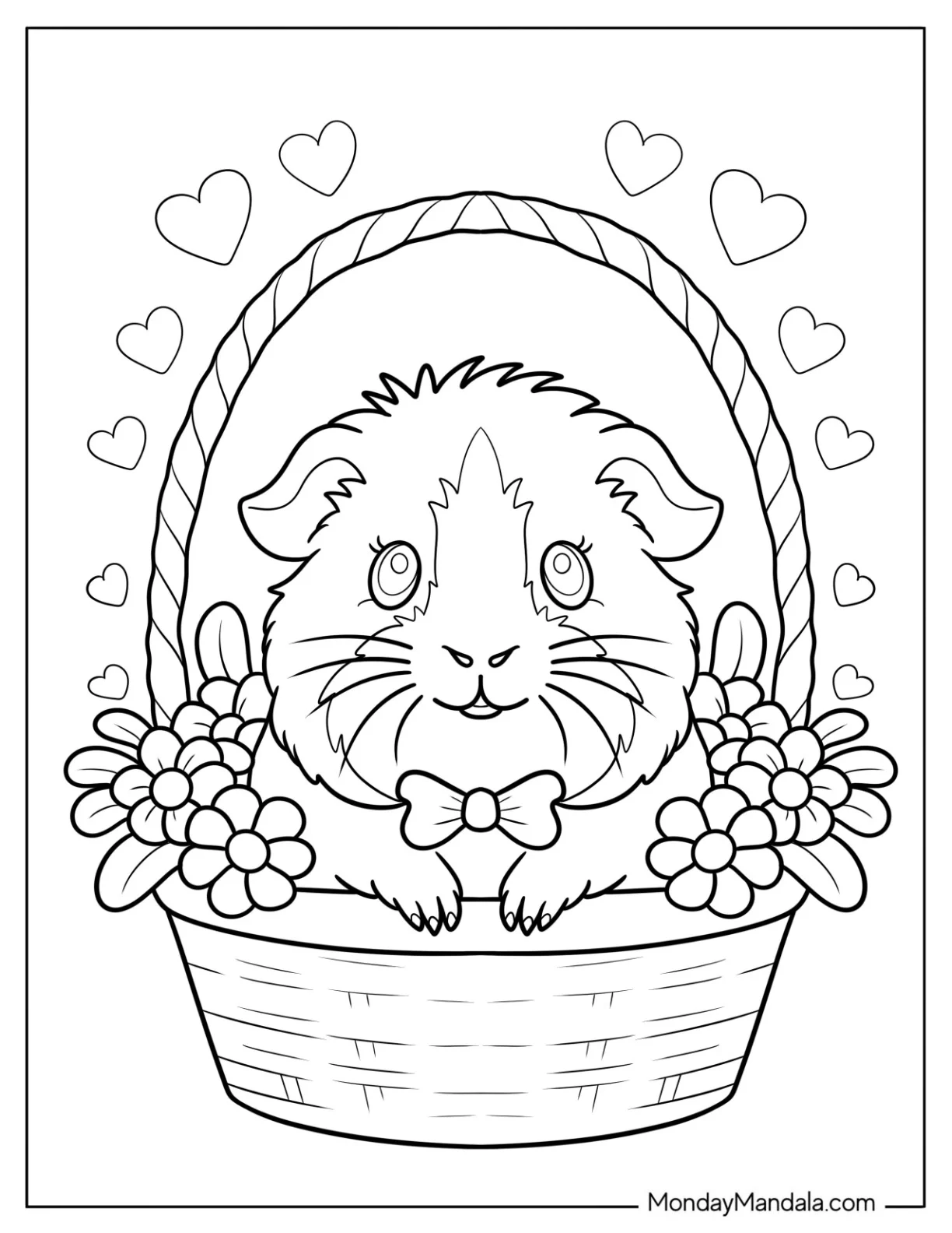 Guinea Pig Coloring Page Sitting Sweetly in a Flower Basket with Hearts for Kids coloring page