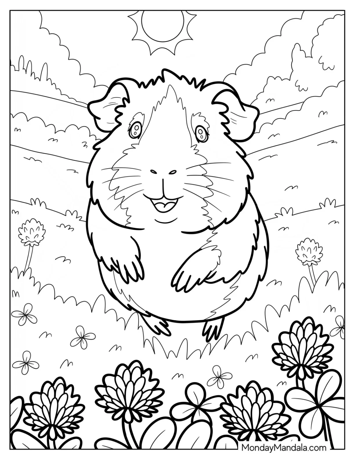 Guinea Pig Coloring Page Standing in a Sunny Flower Field with Clover and Hills coloring page