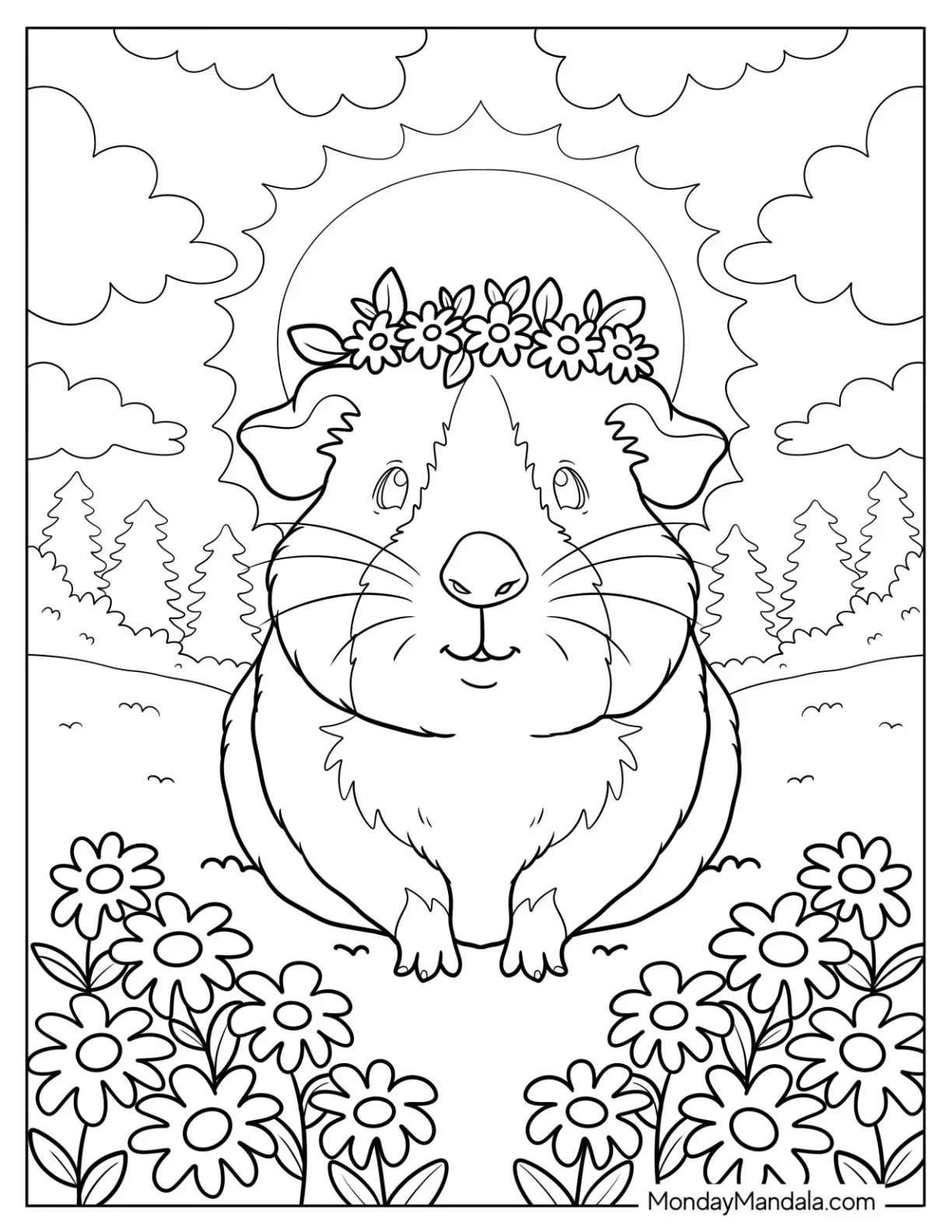 Guinea Pig Coloring Page with a Flower Crown in a Sunny Meadow coloring page