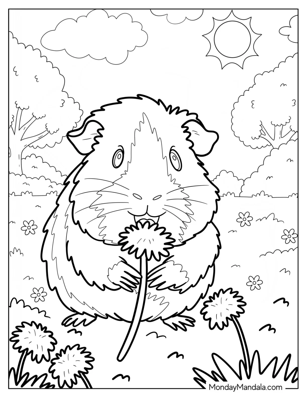 Happy Guinea Pig Coloring Page Holding a Flower in the Meadow coloring page