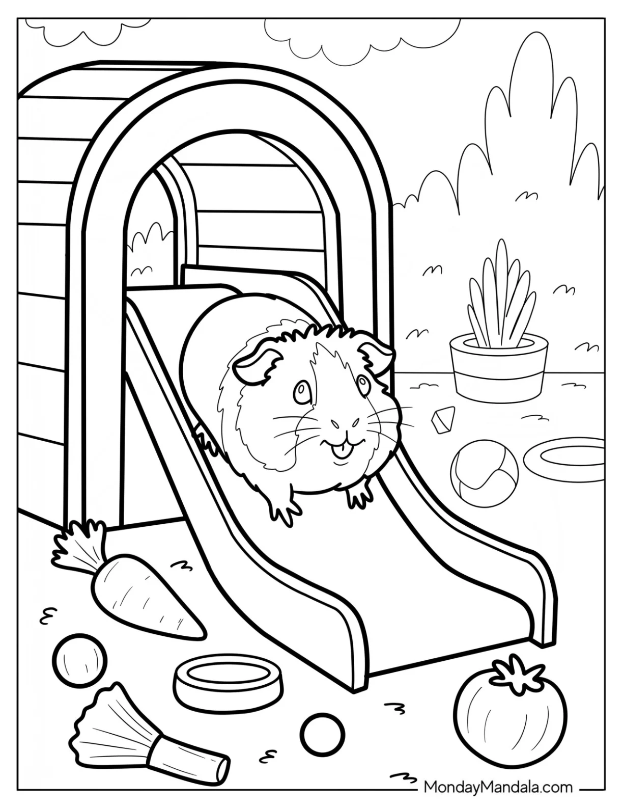 Playful Guinea Pig Coloring Page Sliding Down a Playground Tunnel with Toys and Treats coloring page