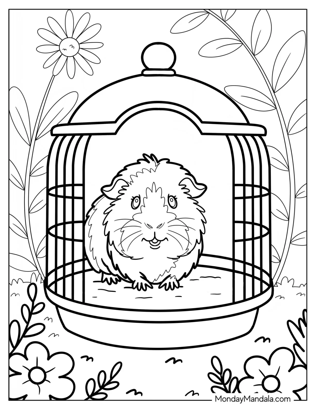 Realistic Guinea Pig Coloring Page Sitting in a Cozy Cage Surrounded by Garden Flowers coloring page