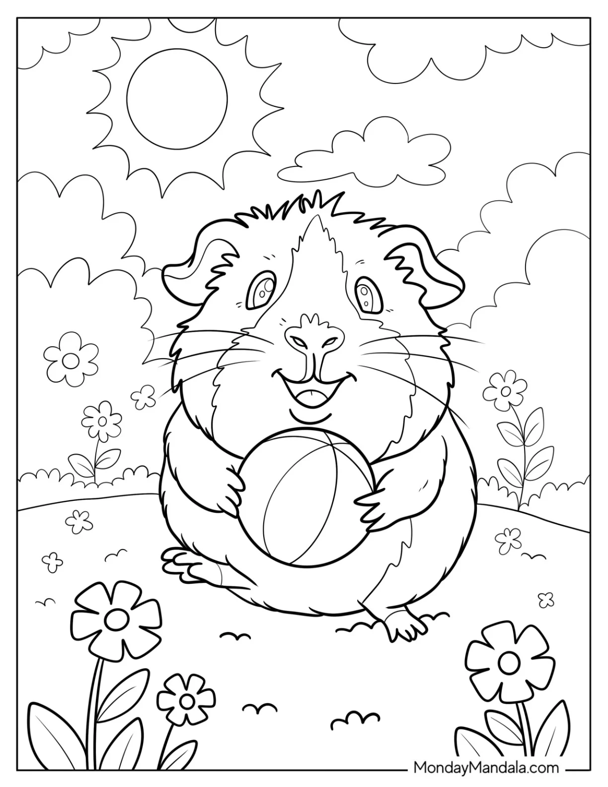 Smiling Guinea Pig Coloring Page Enjoying a Sunny Day with a Ball coloring page