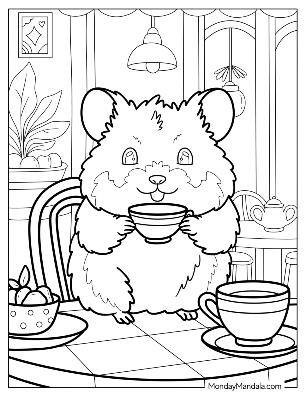 Hamster Coloring Page Drinking Tea at a Cozy Café Table with Fruit and Plants coloring page — printable line art