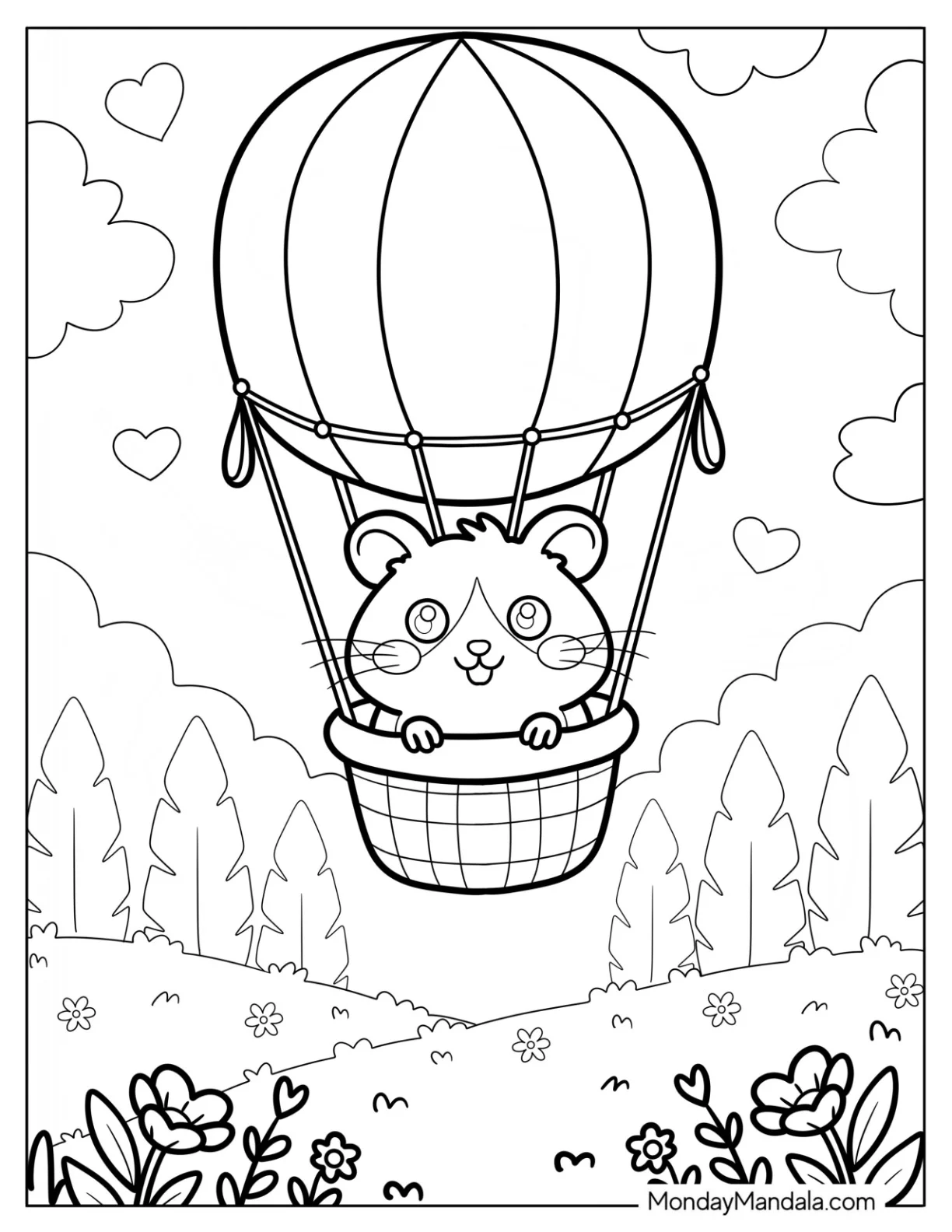 Hamster Coloring Page Floating in a Hot Air Balloon Above a Flower Meadow coloring page — printable line art