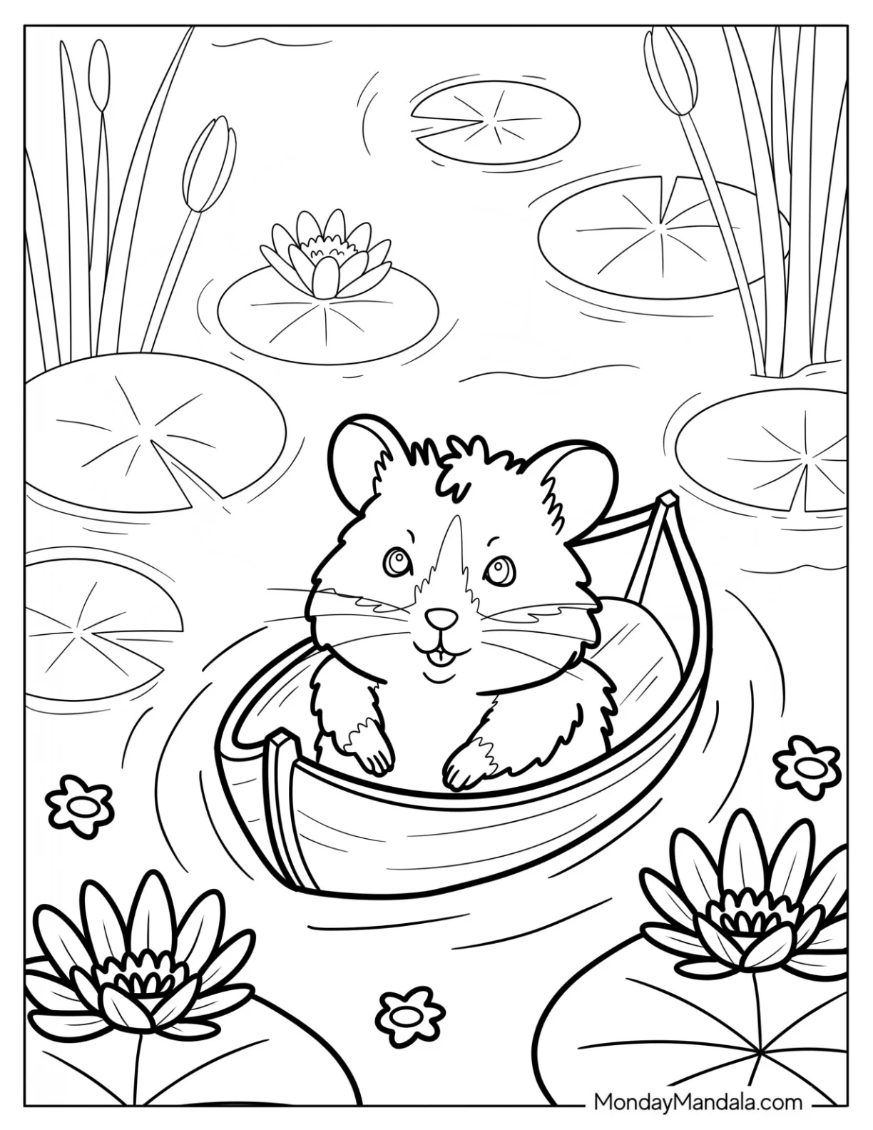 Hamster Coloring Page Floating in a Wooden Boat Among Lily Pads and Lotus Flowers coloring page — printable line art