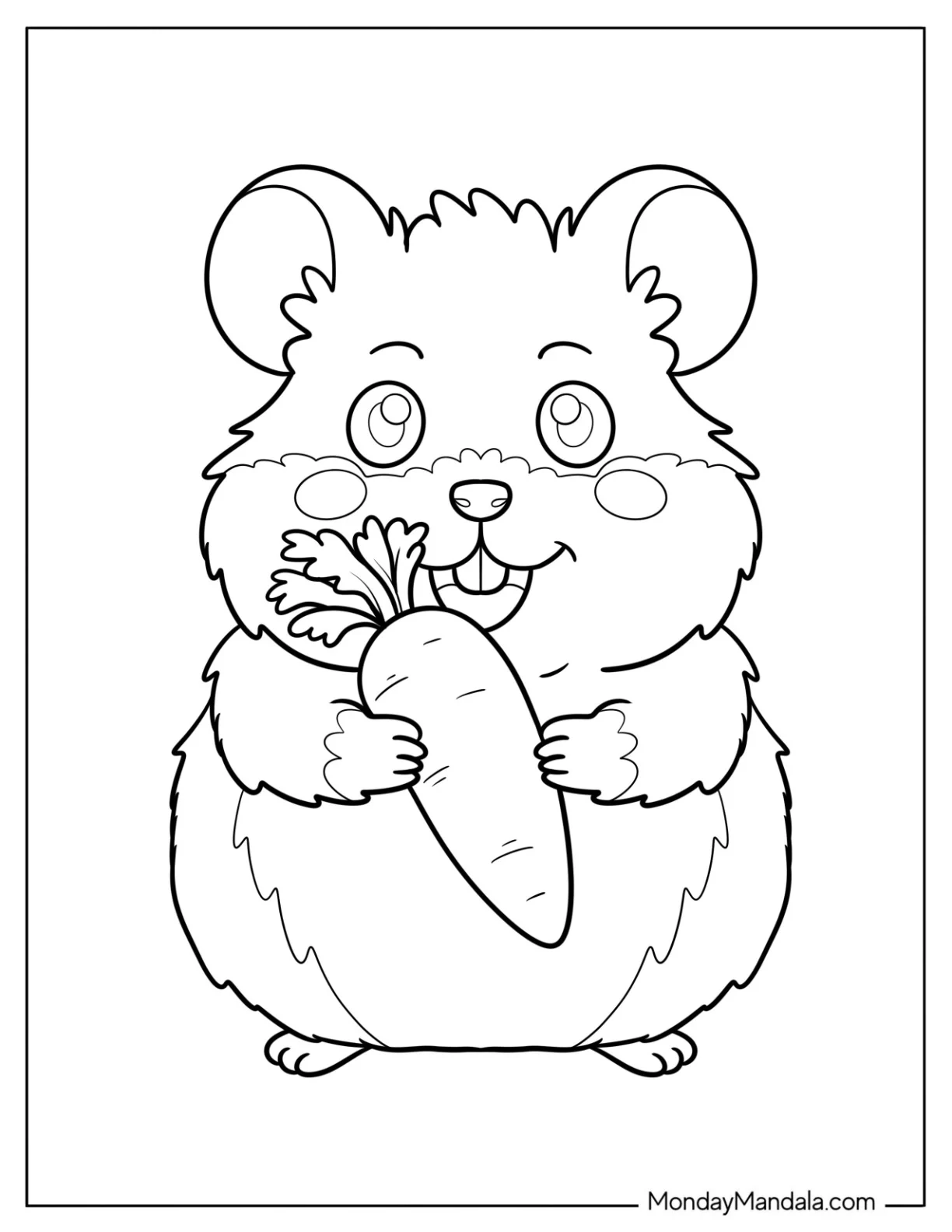 Hamster Coloring Page Holding a Carrot with a Big Smile for Preschoolers coloring page — printable line art