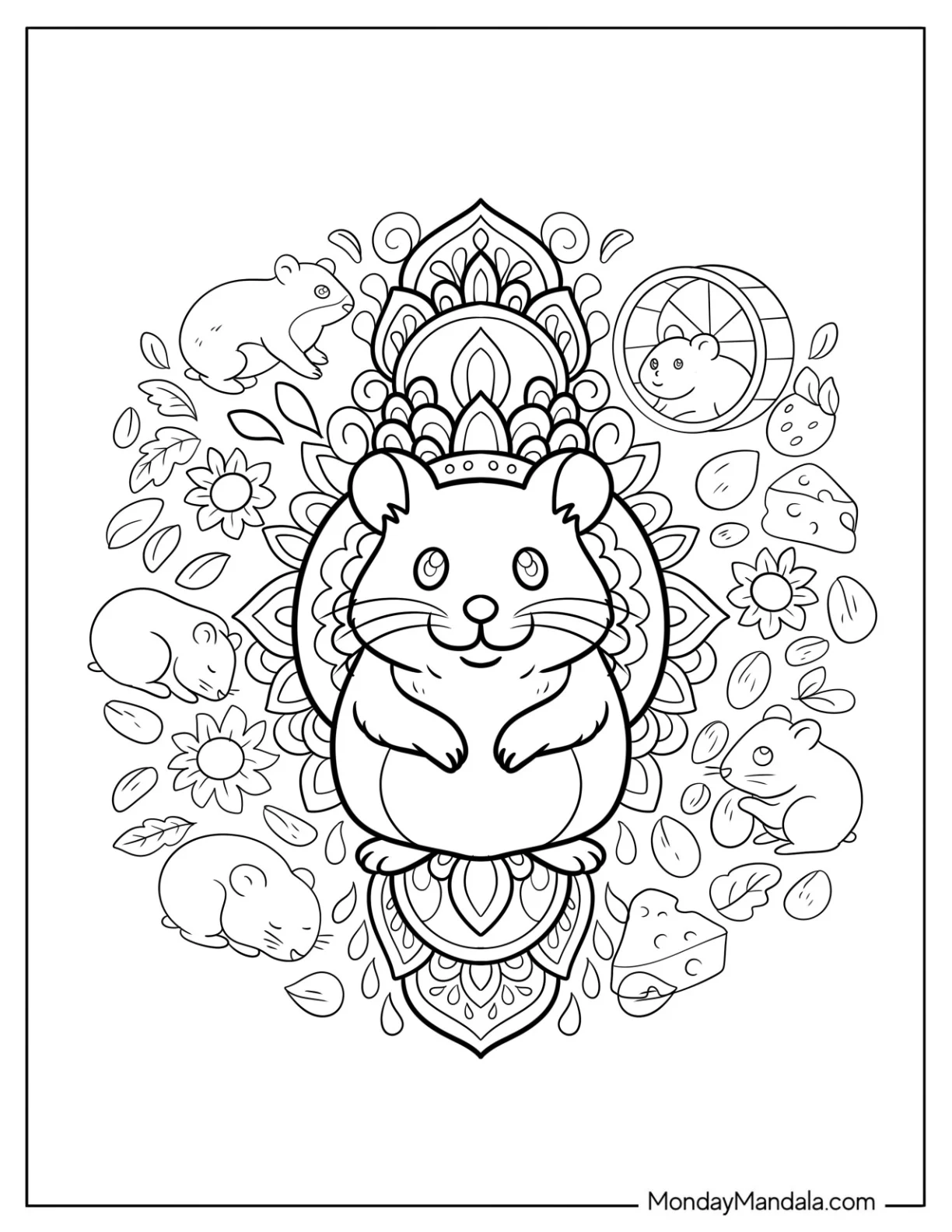 Hamster Coloring Page Nestling in a Floral Mandala Surrounded by Cheese, Flowers, and Mini Hamsters coloring page