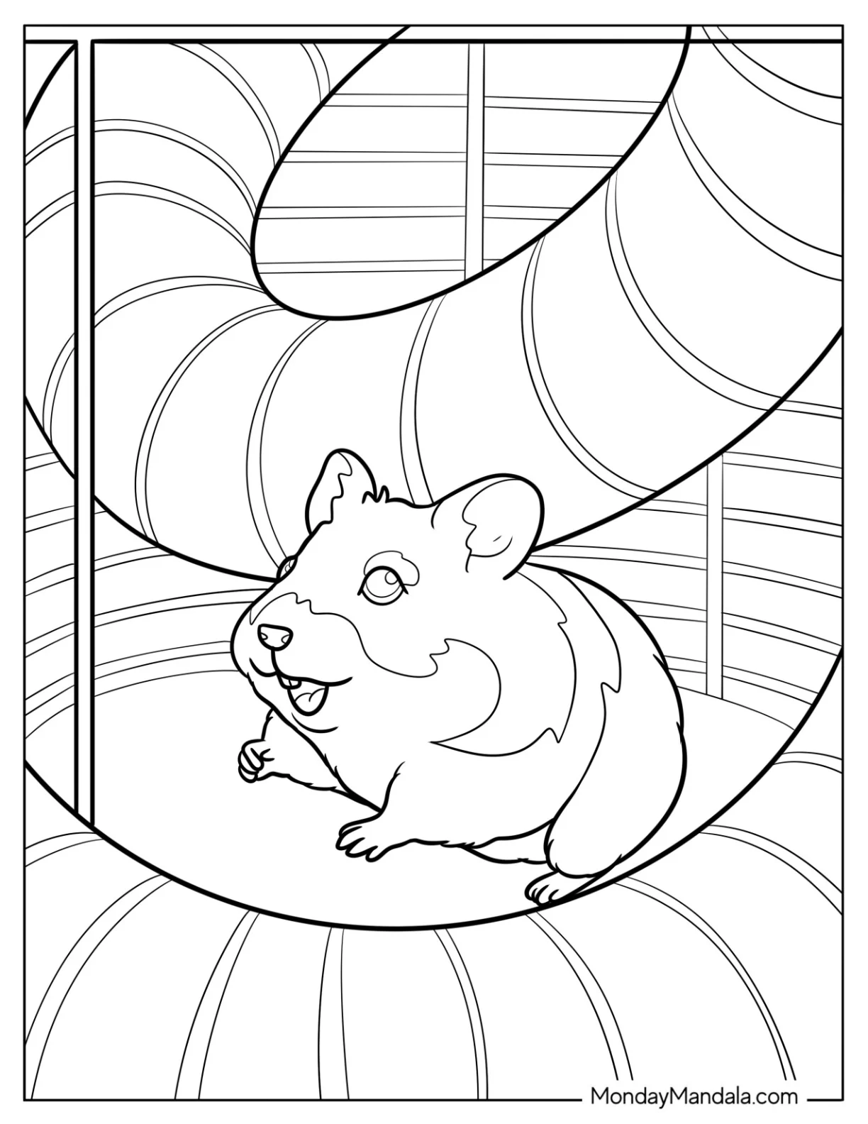 Hamster Coloring Page Playing Inside a Circular Climbing Tube in Its Cage for Kids coloring page — printable line art