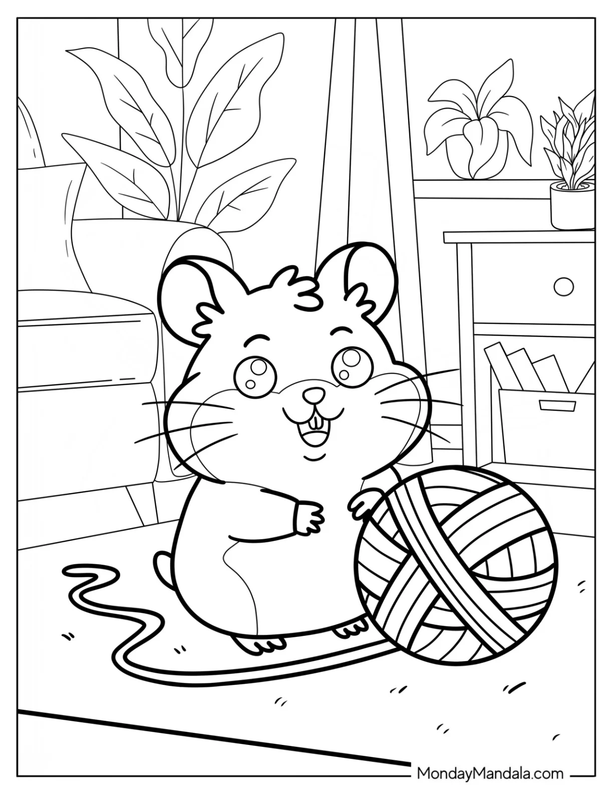 Hamster Coloring Page Playing with a Ball of Yarn in a Cozy Living Room coloring page