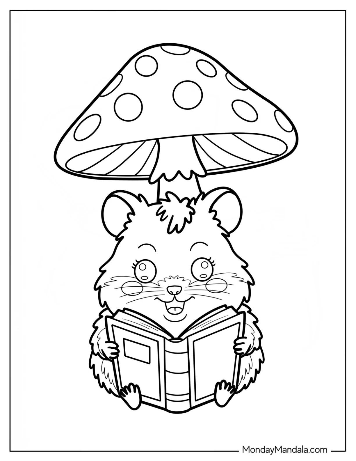 Hamster Coloring Page Reading a Book Under a Giant Mushroom for Kids coloring page — printable line art