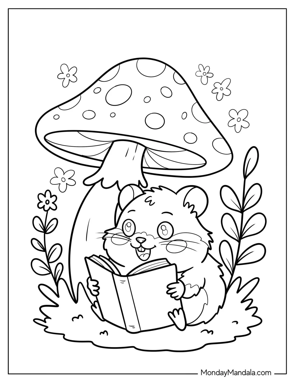 Hamster Coloring Page Reading a Book Under a Giant Mushroom in a Flower Garden for Kids coloring page