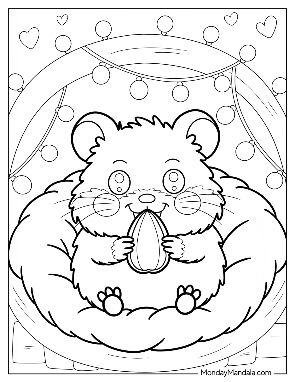 Hamster Coloring Page Relaxing Inside a Glowing Tent with Cushions and Hanging Lights coloring page