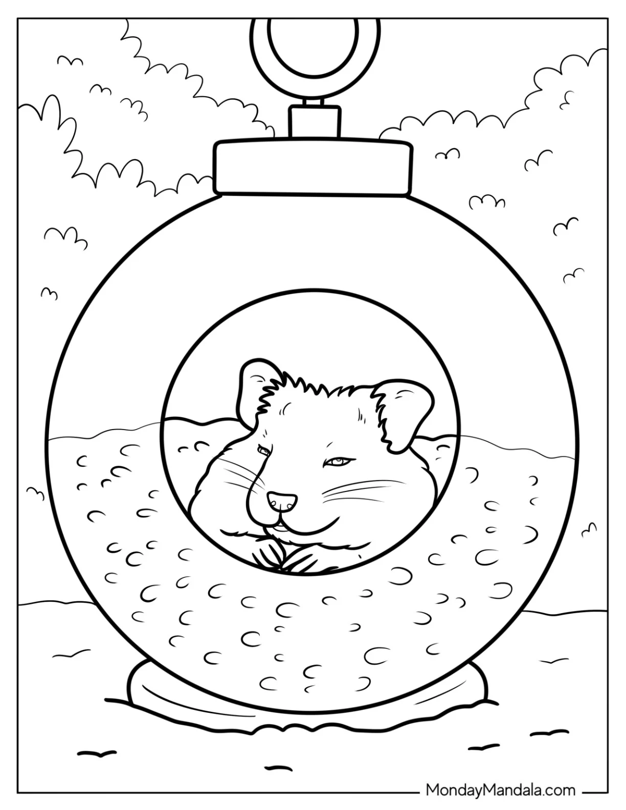 Hamster Coloring Page Resting Inside a Hanging Bauble Full of Cozy Bedding coloring page